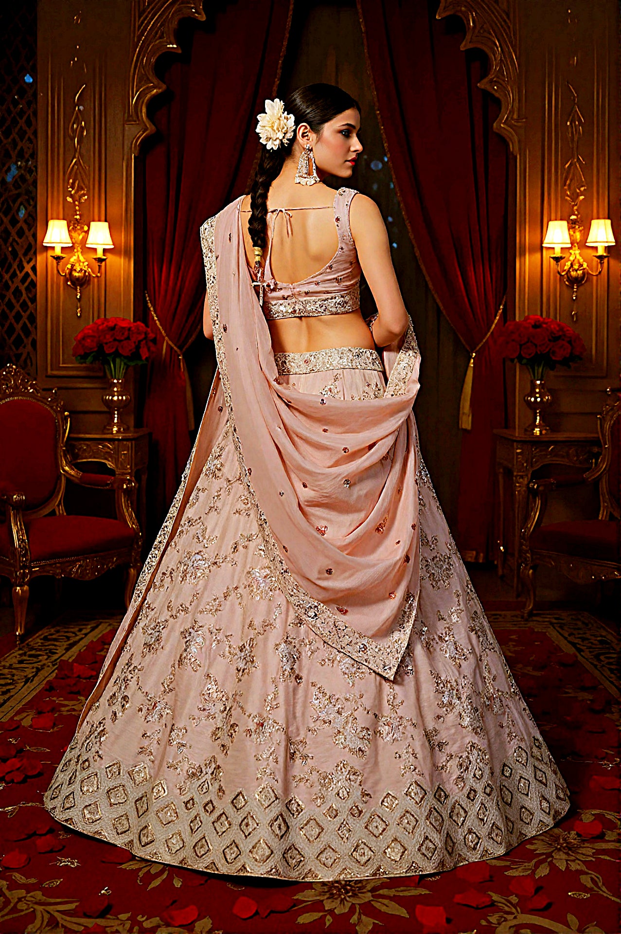 Pink Embroidered Tissue Lehenga (Back)