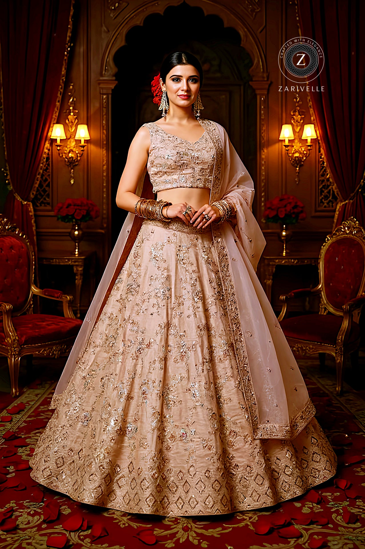 Pink Embroidered Tissue Lehenga (Front)