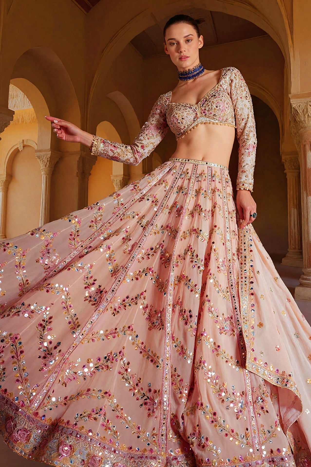 Pink Heavy Embroidered Georgette Lehenga (Front View)