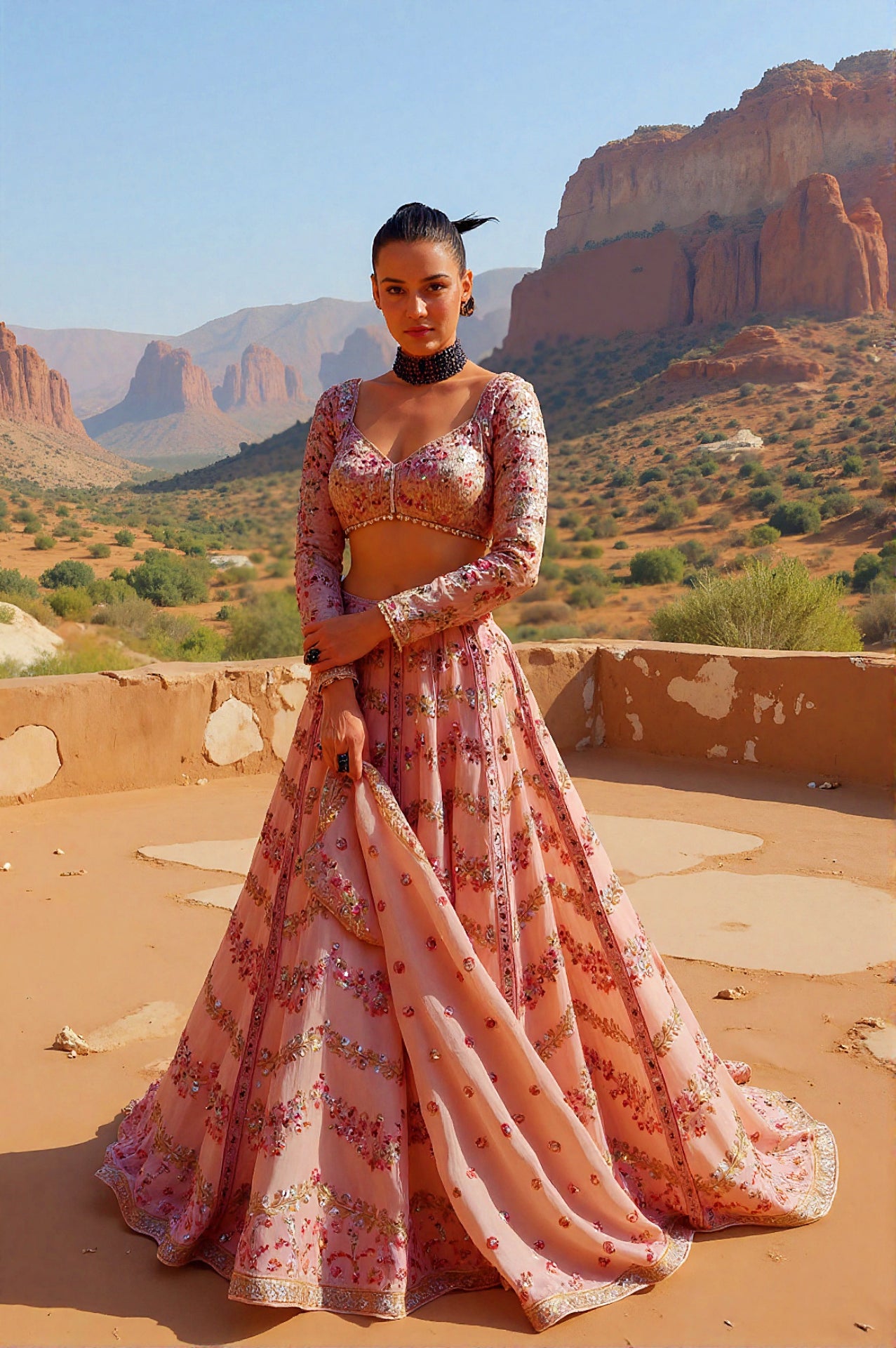 Pink Heavy Embroidered Georgette Lehenga (Side View)