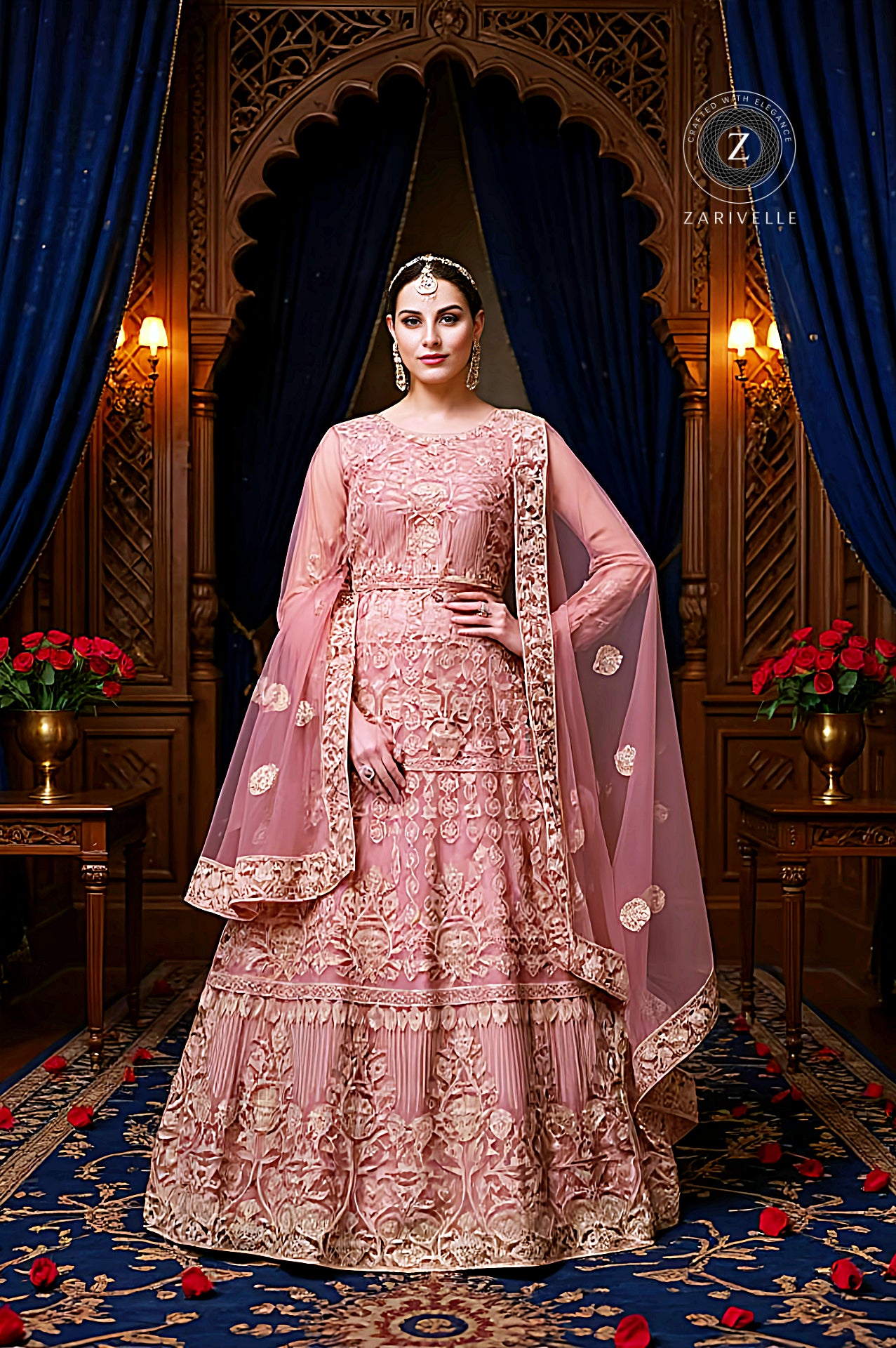 Pink Heavy Embroidered Net Anarkali Suit (Front)