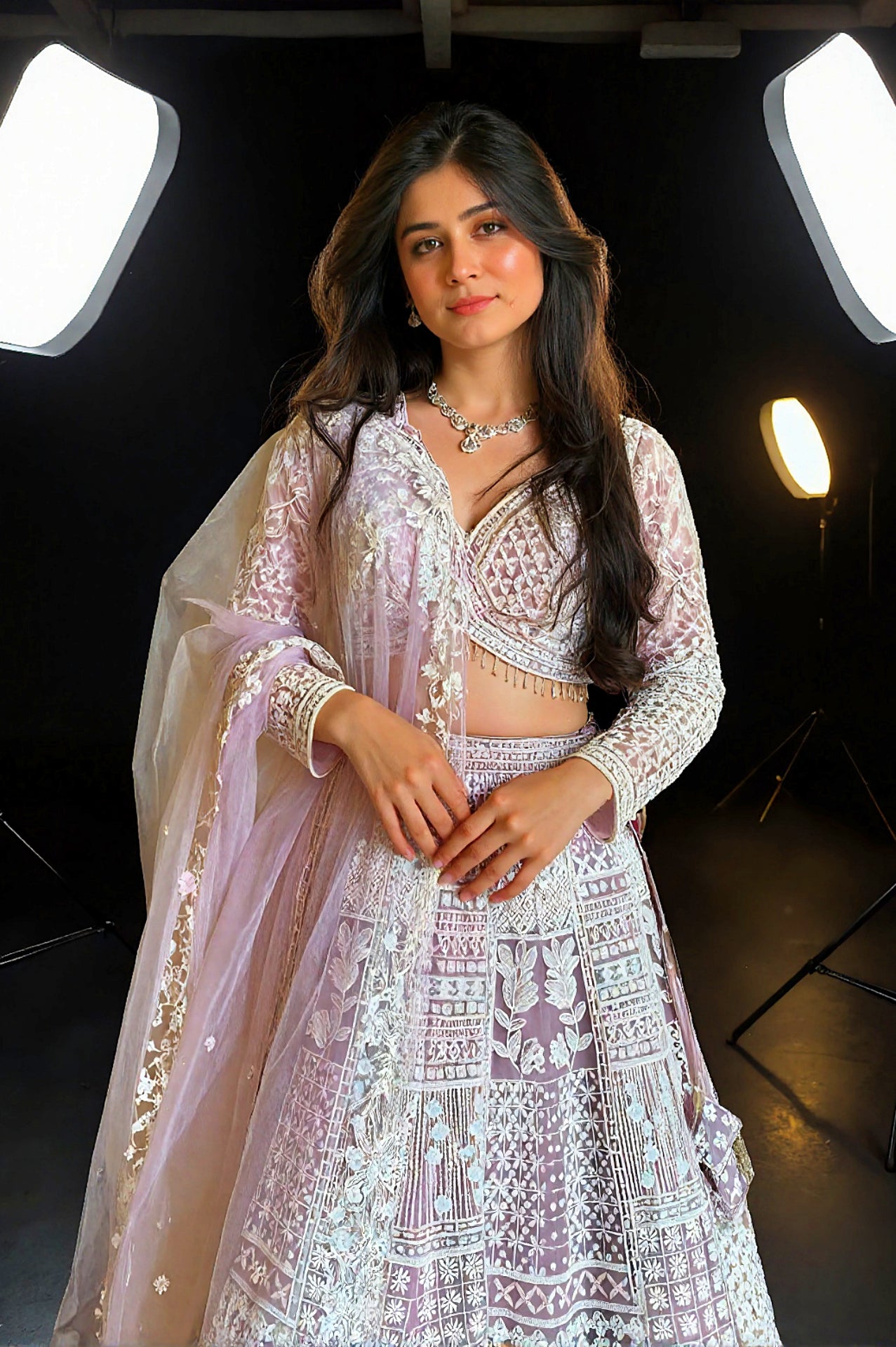 Pink Heavy Embroidered Net Lehenga (Front view)