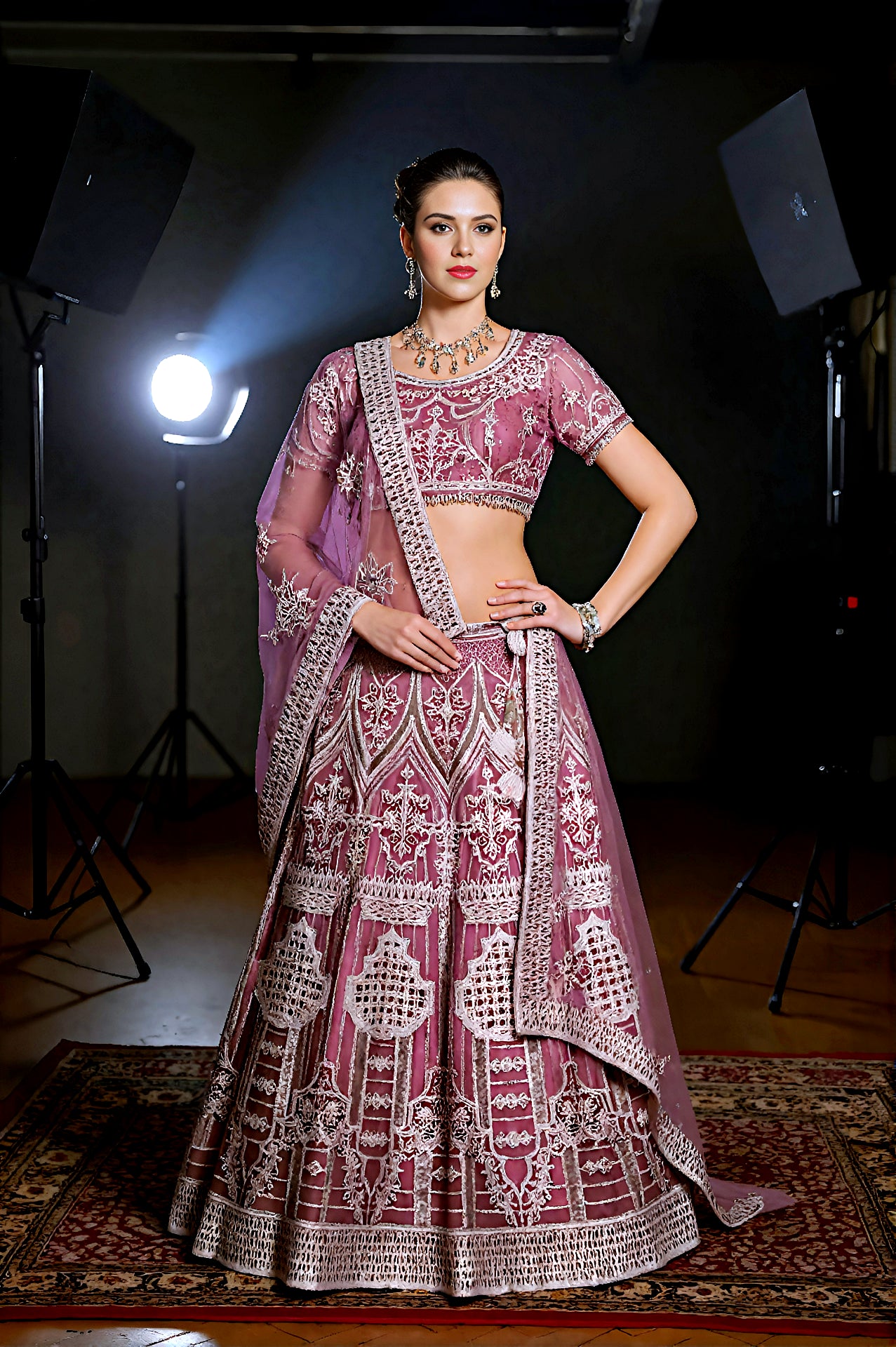 Pink Heavy Embroidered Premium Net Lehenga (Front)