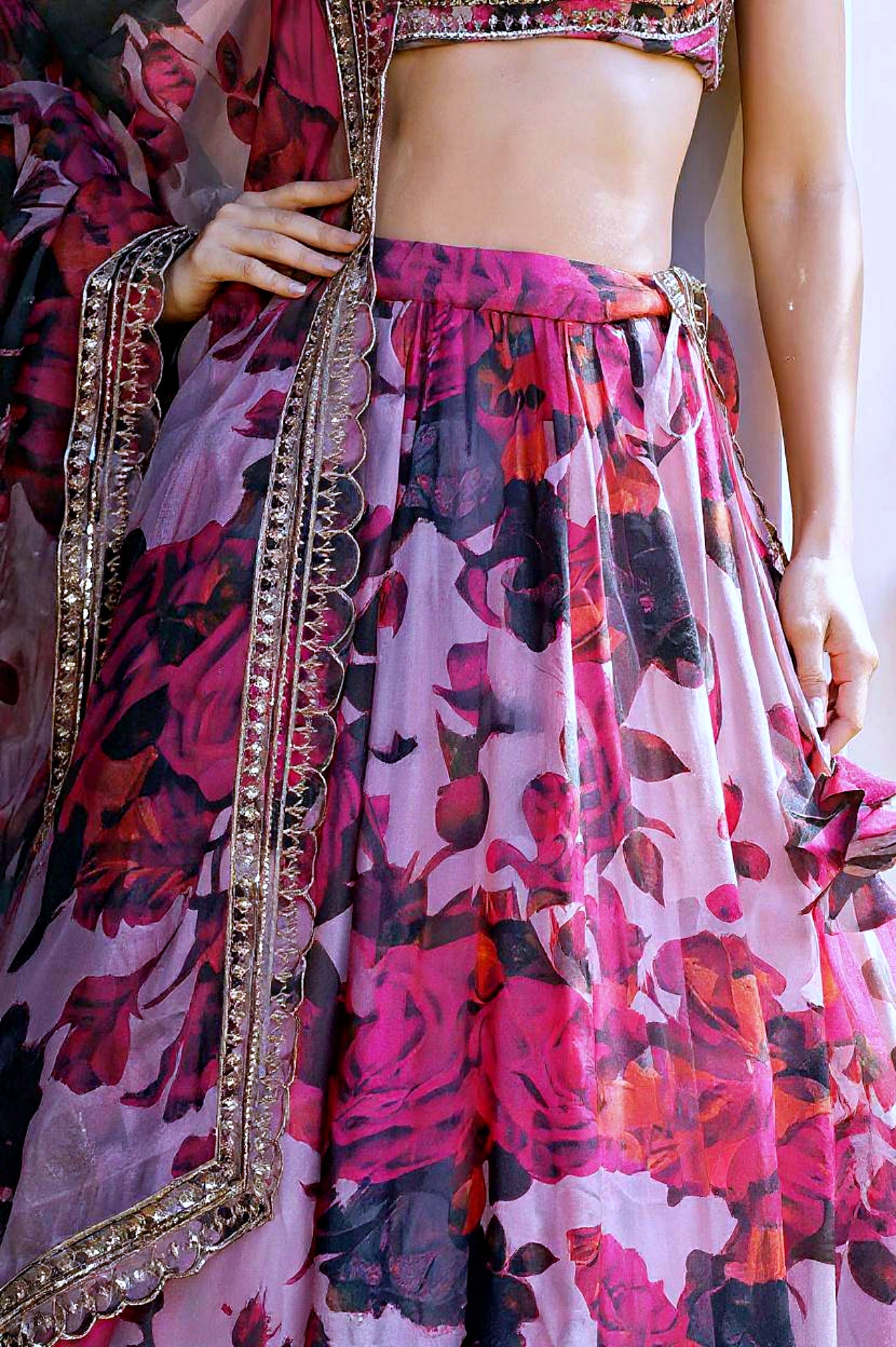 Pink Multicolor Printed Organza Lehenga (Close up)