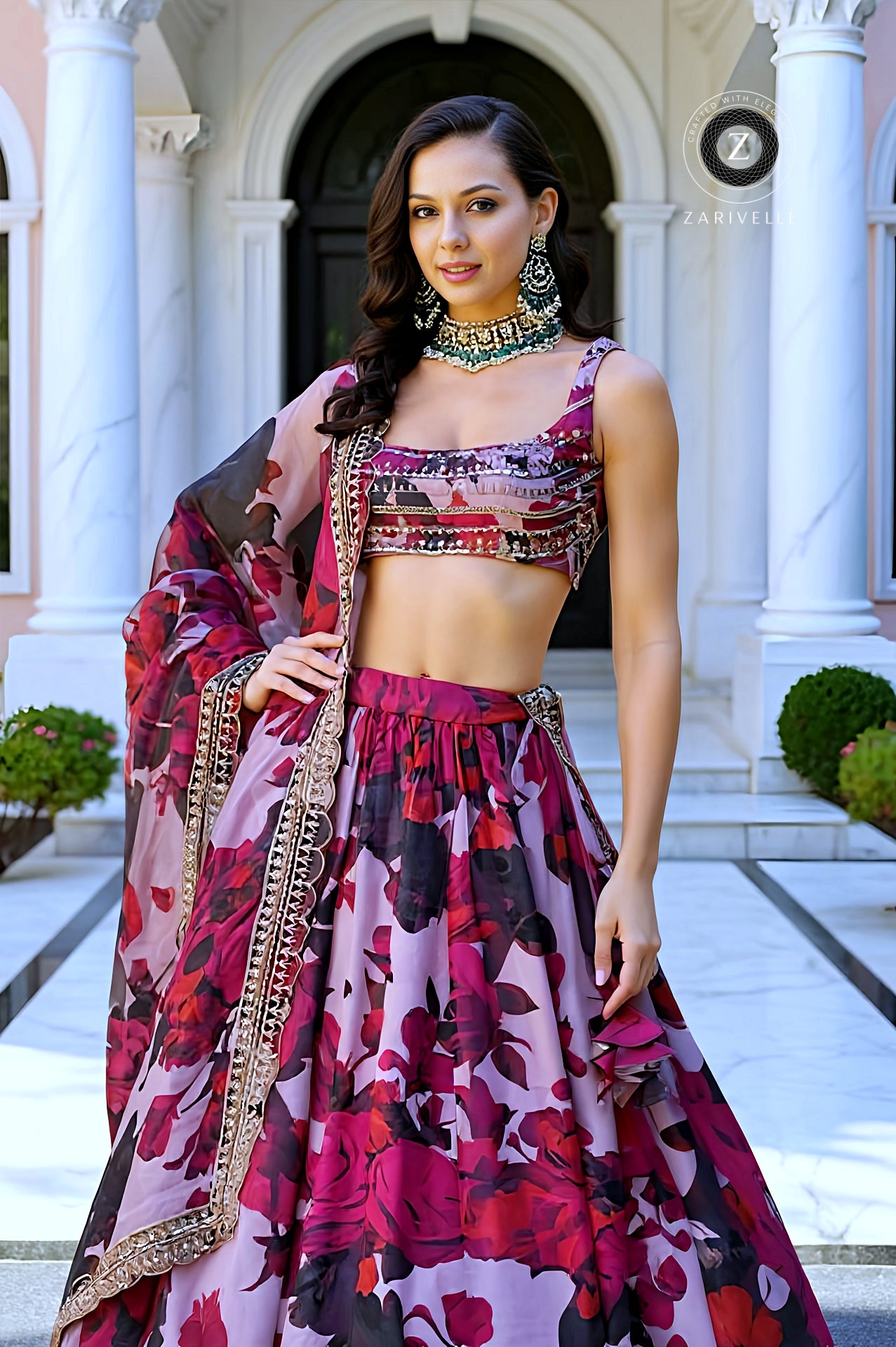 Pink Multicolor Printed Organza Lehenga (Side)