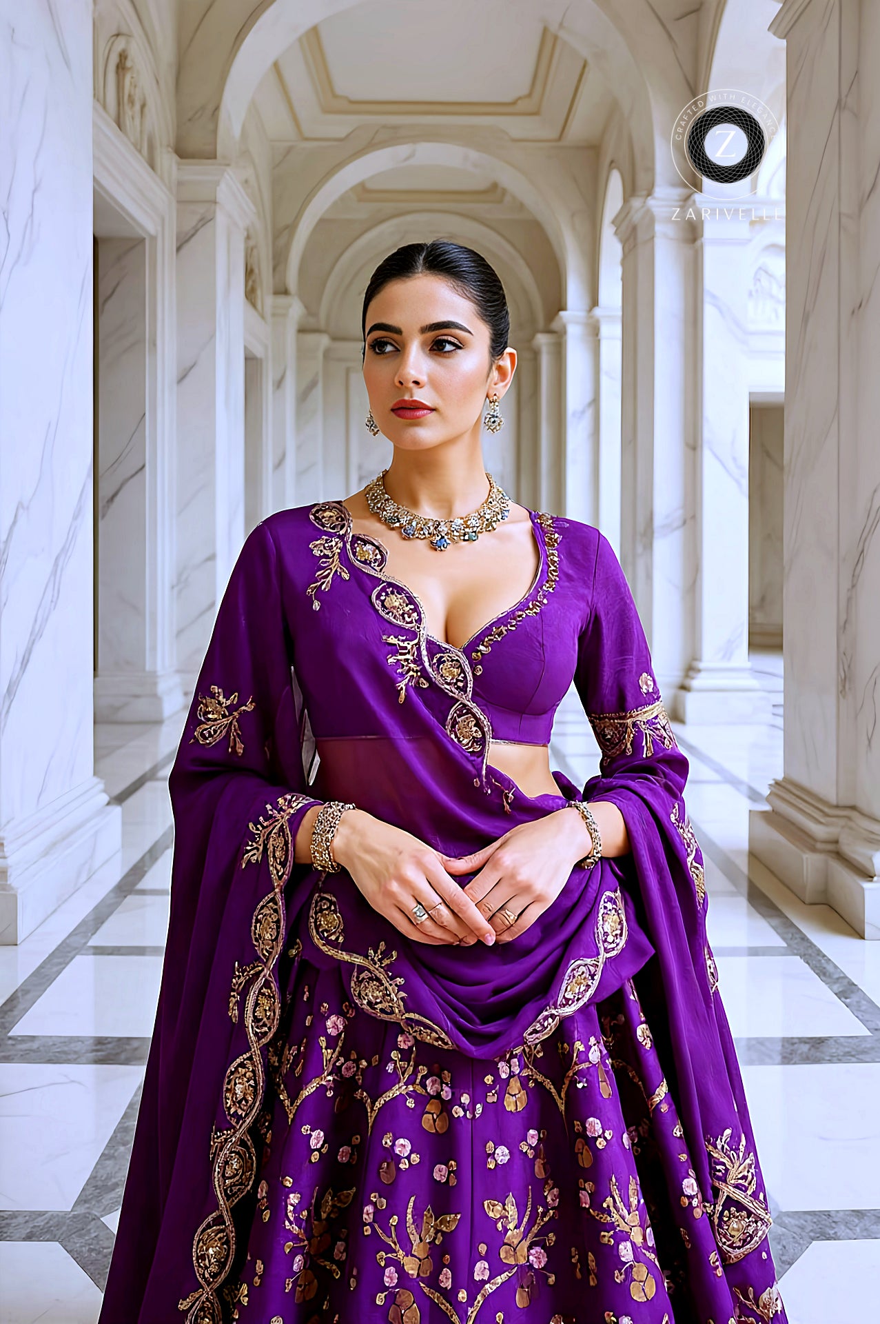Purple Embroidered Premium Silk Lehenga (Close up)