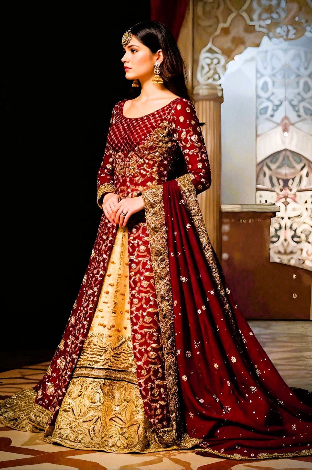 Red And Golden Heavy Embroidered Silk Lehenga (Side View)