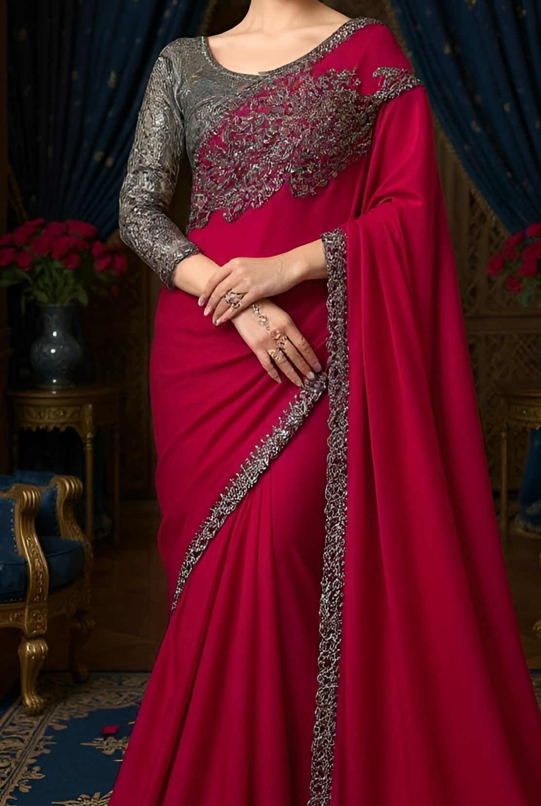 Red Embroidered Chiffon Saree (Close up)