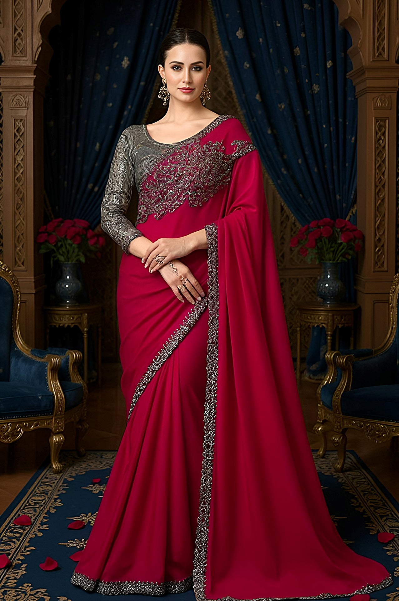 Red Embroidered Chiffon Saree (Front)