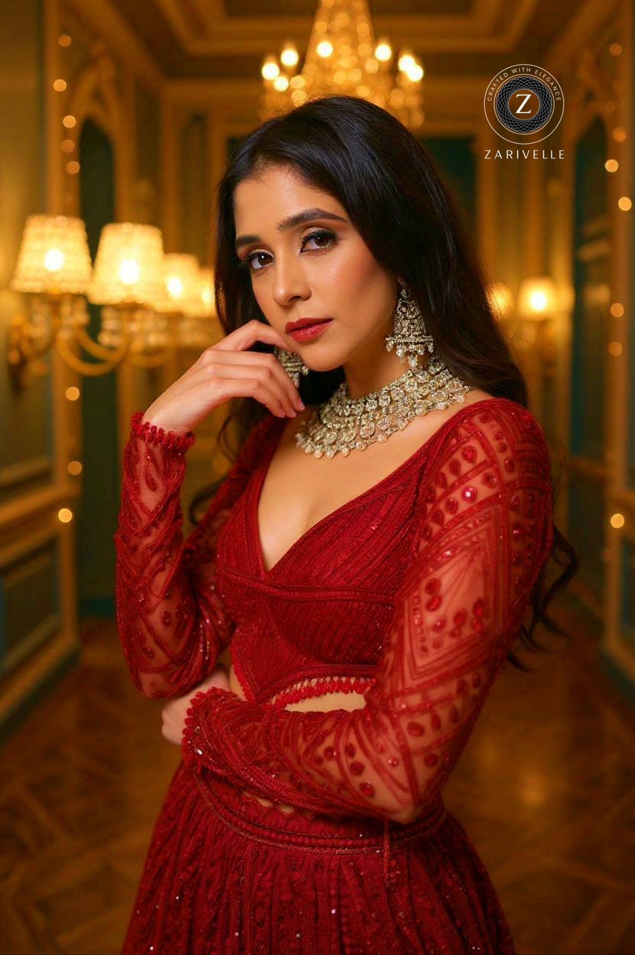 Red Embroidered Georgette Lehenga (Close up)