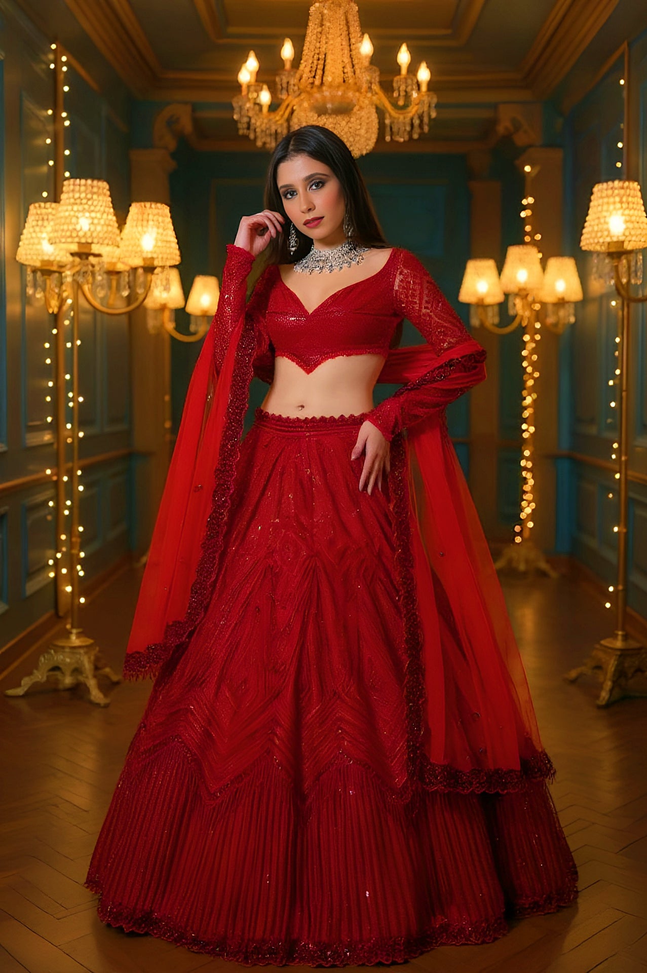 Red Embroidered Georgette Lehenga (Front)