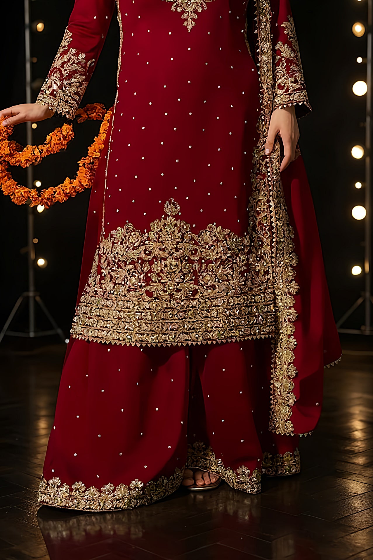 Red Embroidered Georgette Palazzo Suit (Close up)
