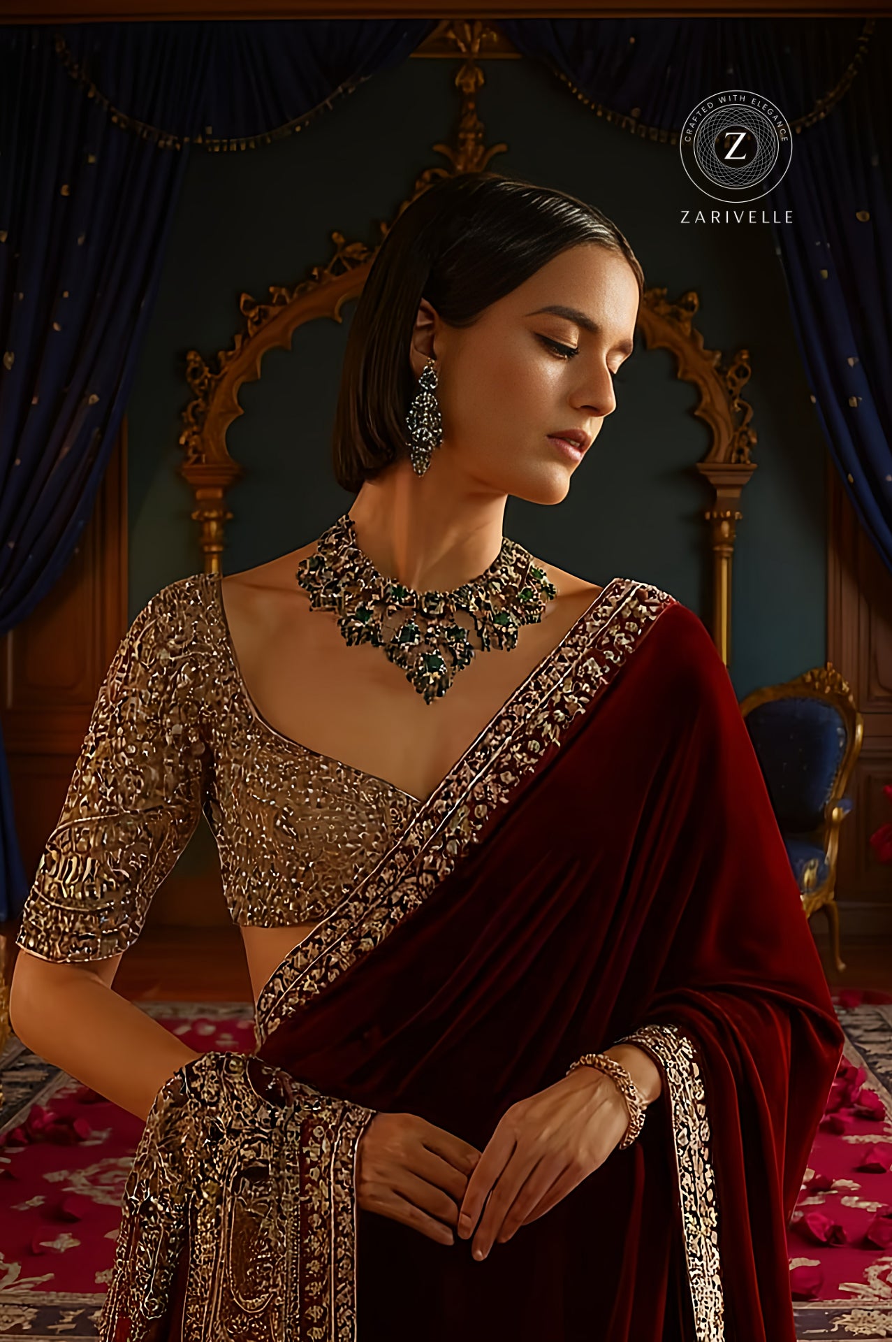 Red Embroidered Velvet Saree (Close up)