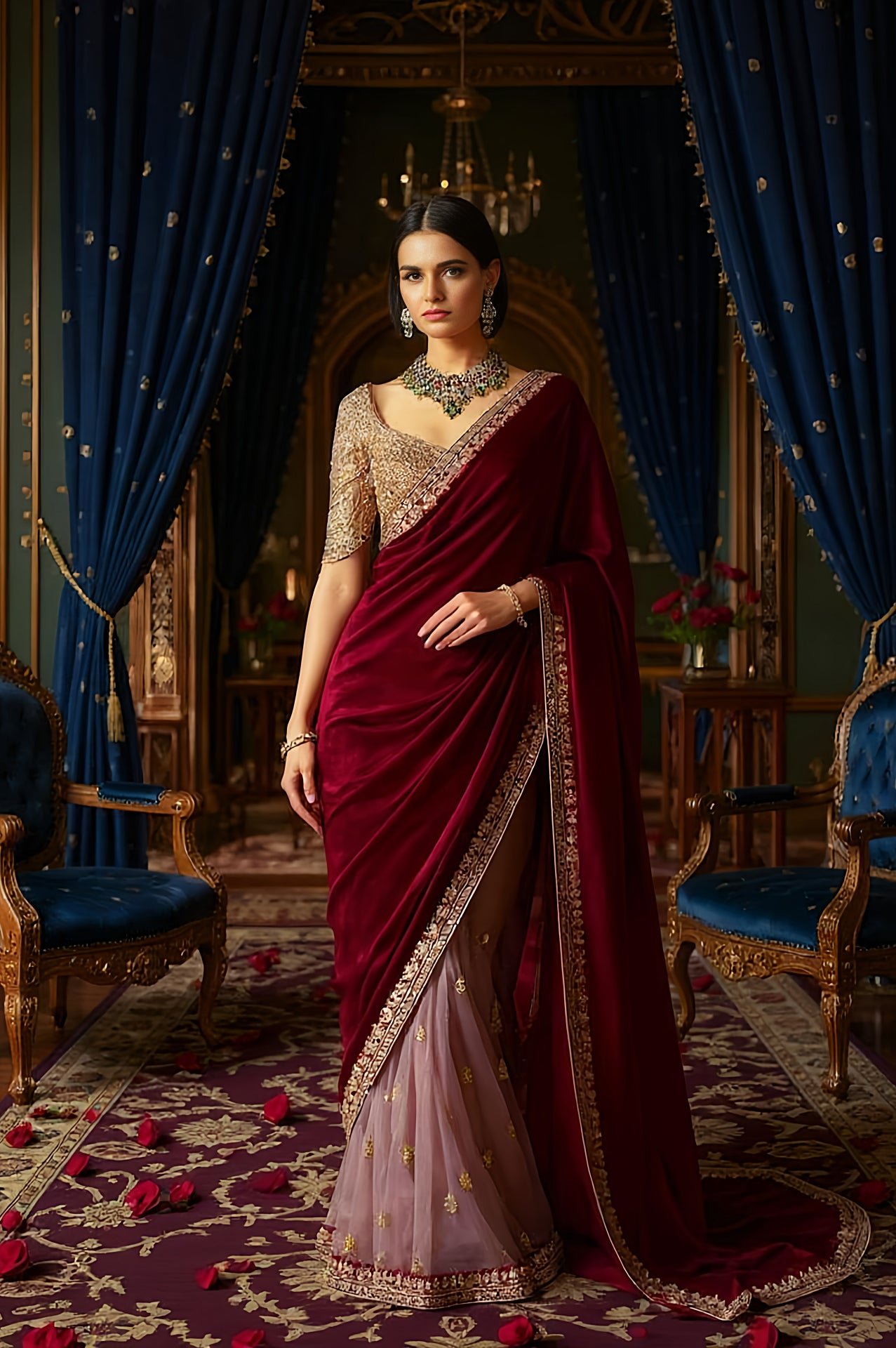 Red Embroidered Velvet Saree (Front)