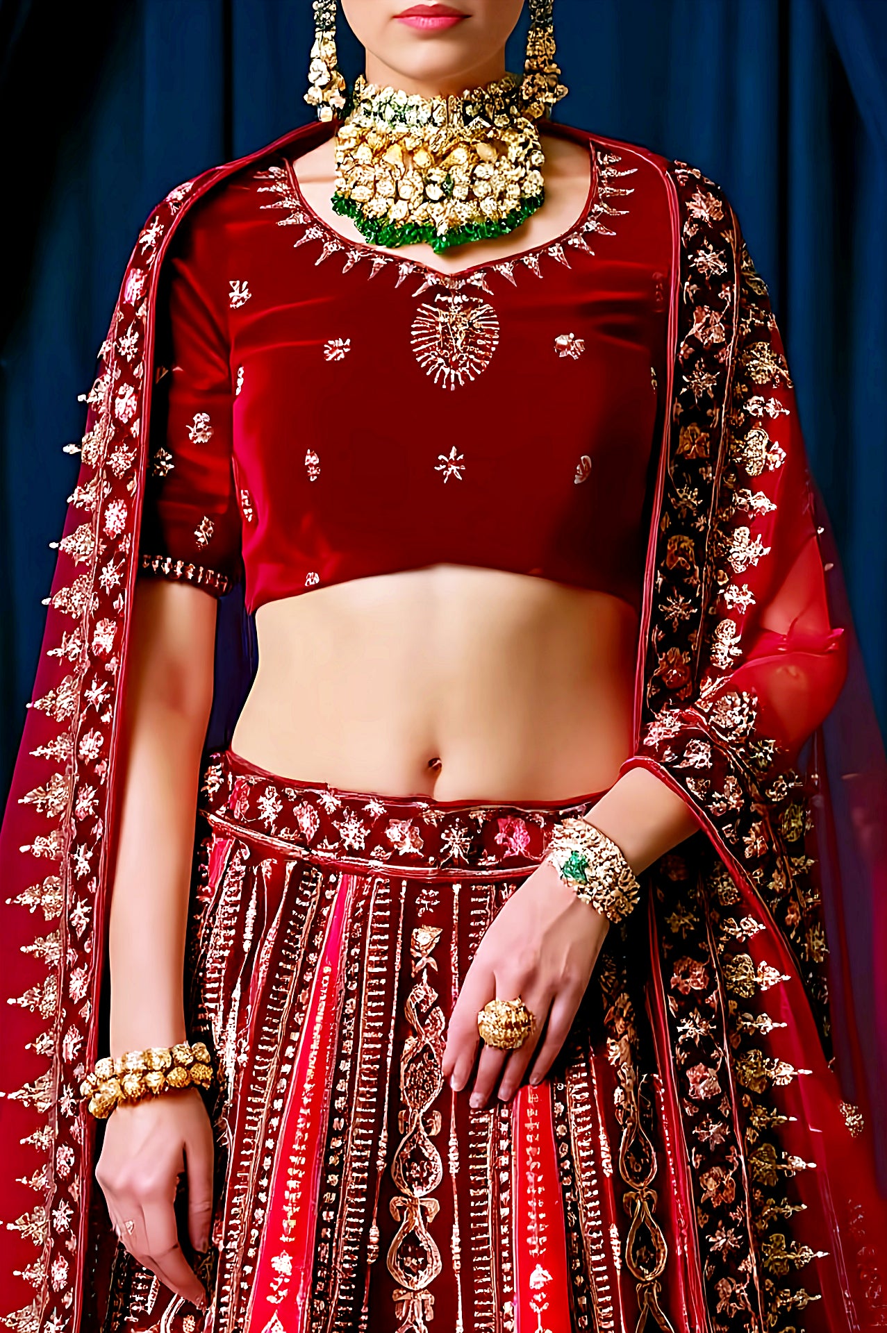 Red Heavy Embroidered Velvet Lehenga (Close up)