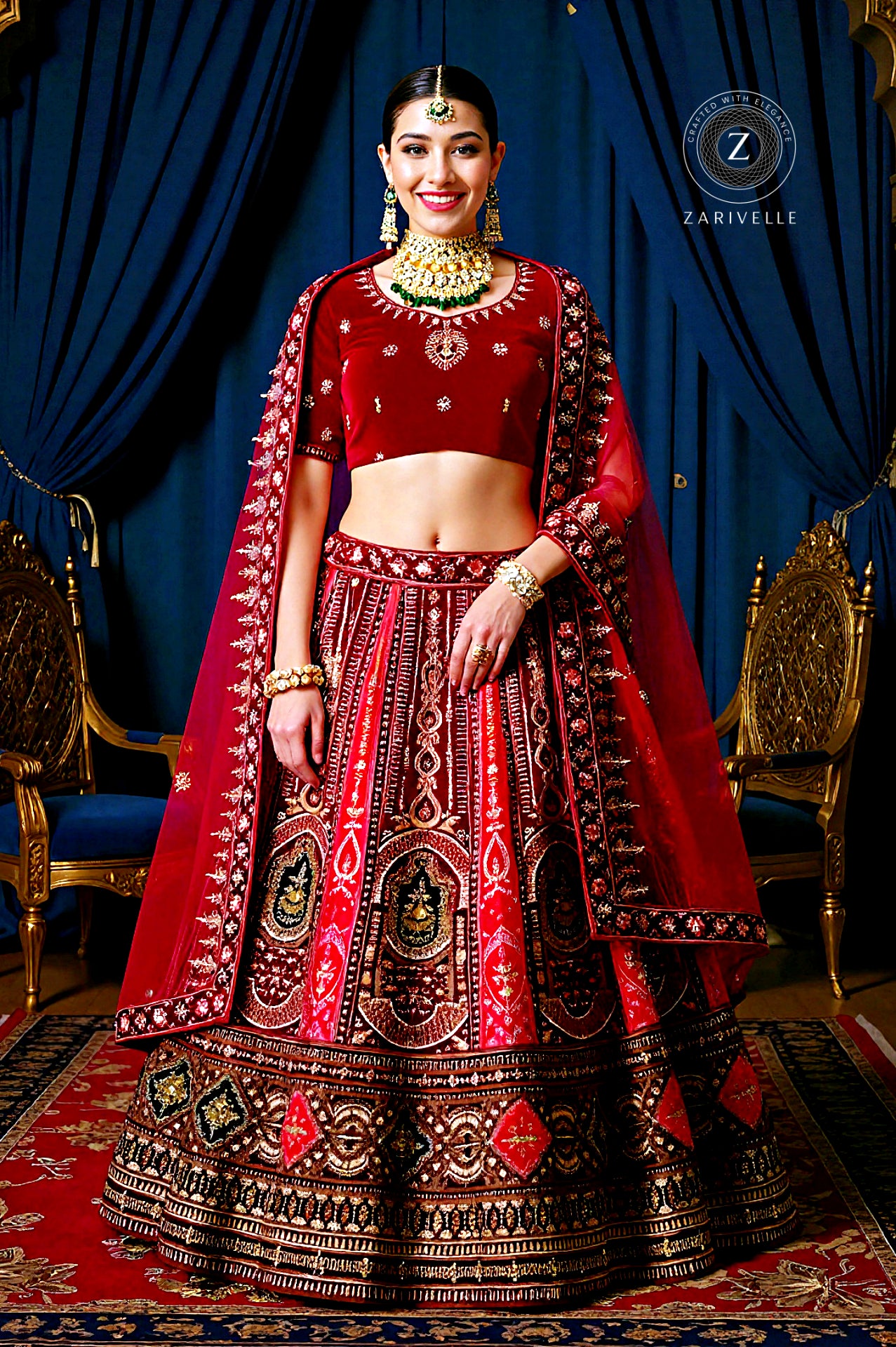 Red Heavy Embroidered Velvet Lehenga (Front)