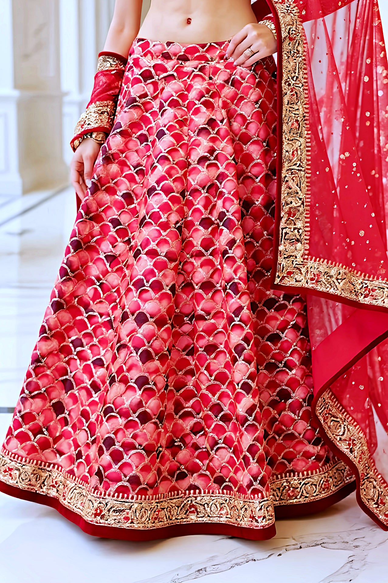 Red Multicolor Embroidered Silk Lehenga (Close up)