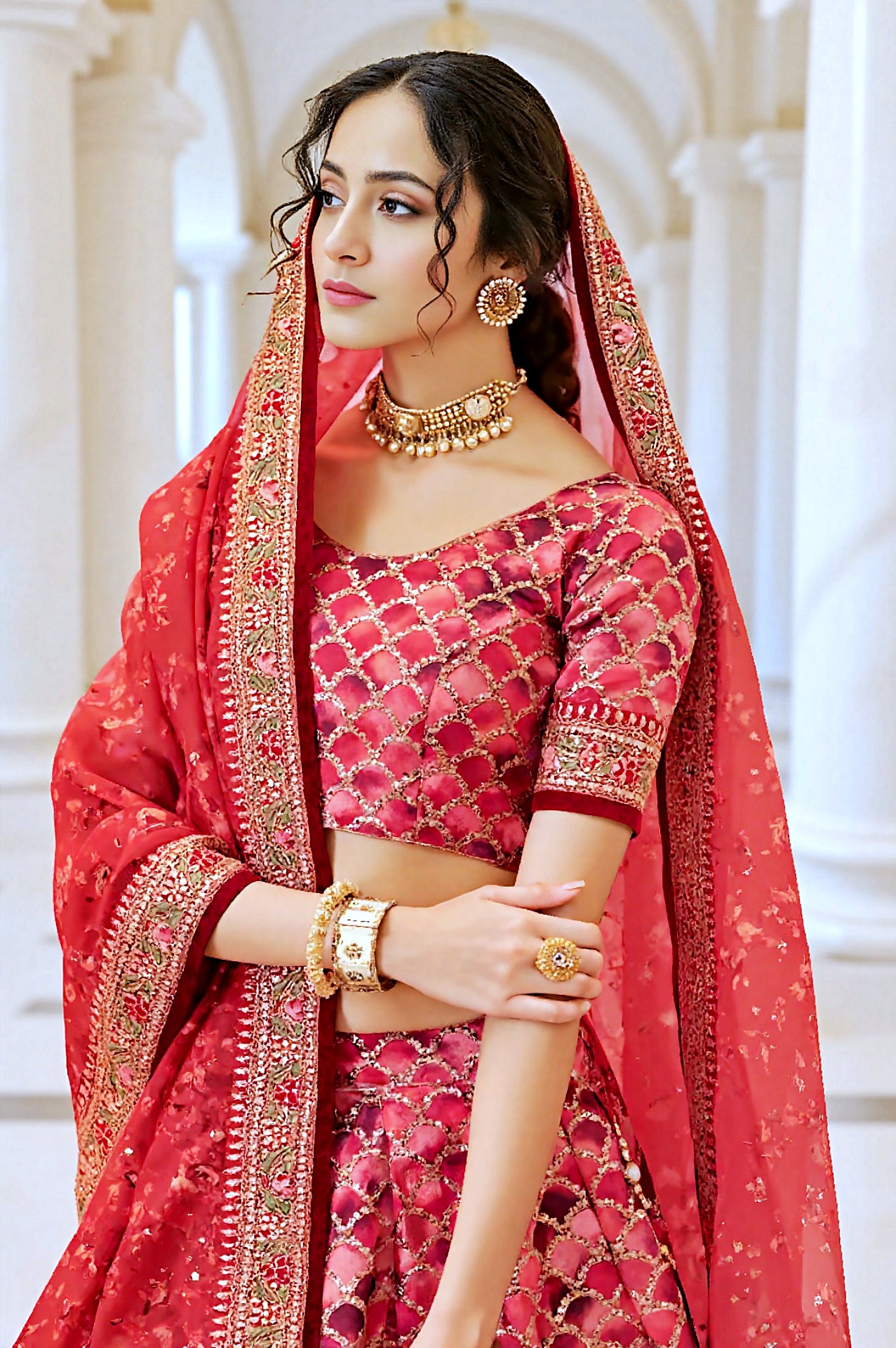 Red Multicolor Embroidered Silk Lehenga (Side)