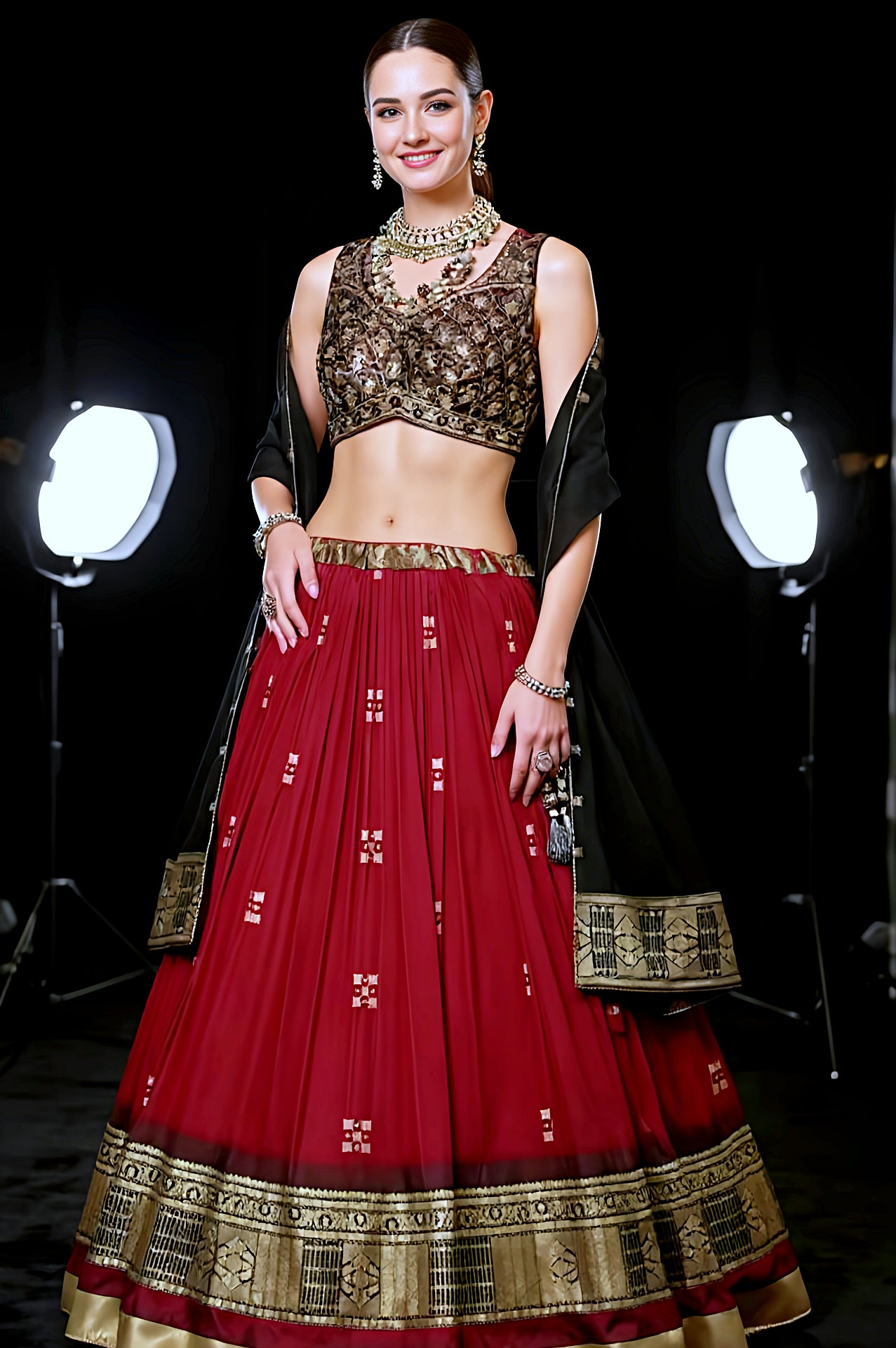 Red Multicolor Printed Silk Lehenga (Full)