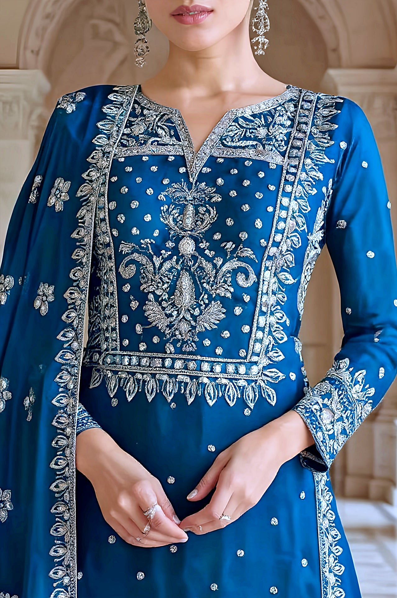 Royal Blue Embroidered Silk Palazzo Suit (Close up)