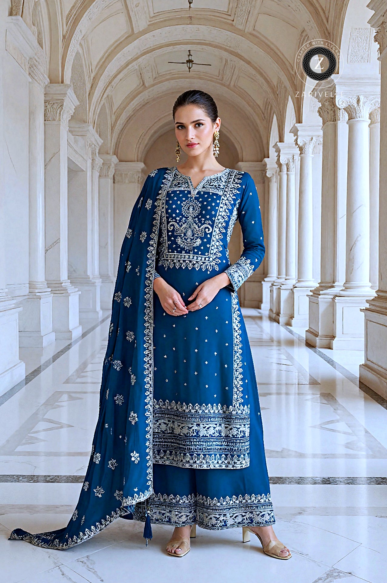 Royal Blue Embroidered Silk Palazzo Suit (Front)