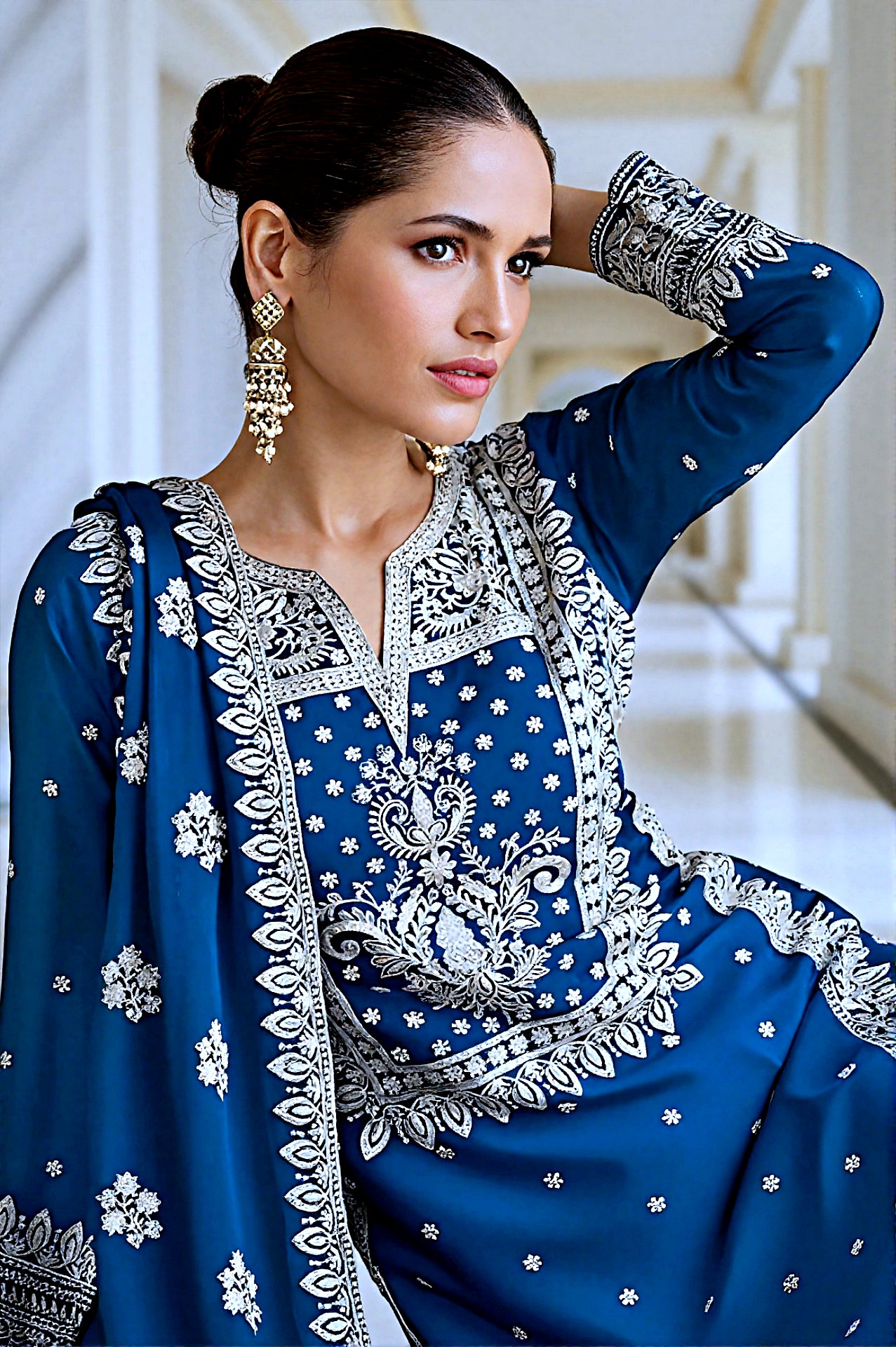 Royal Blue Embroidered Silk Palazzo Suit (Side)