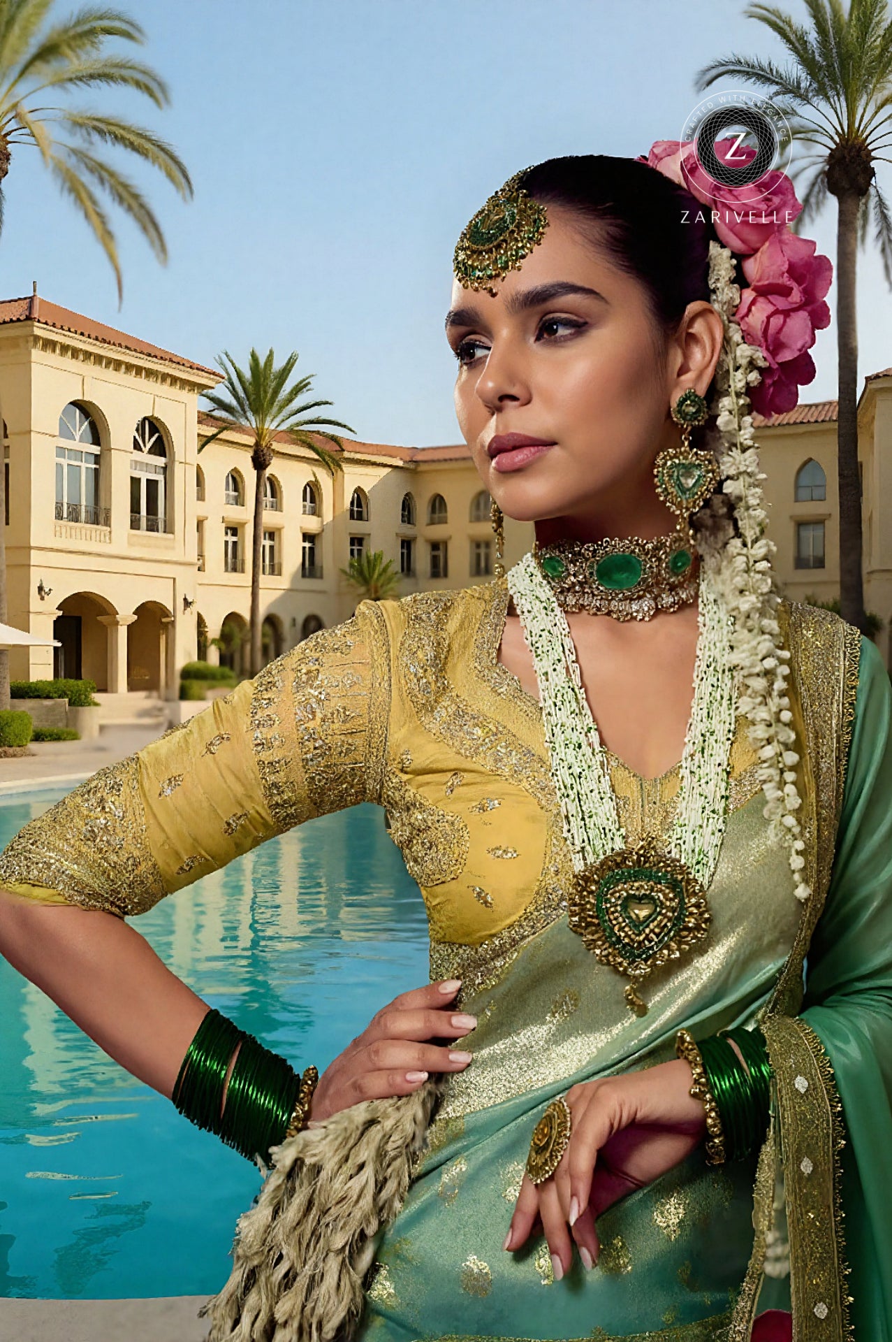 Sea Blue Embroidered Viscose Saree (Close up)