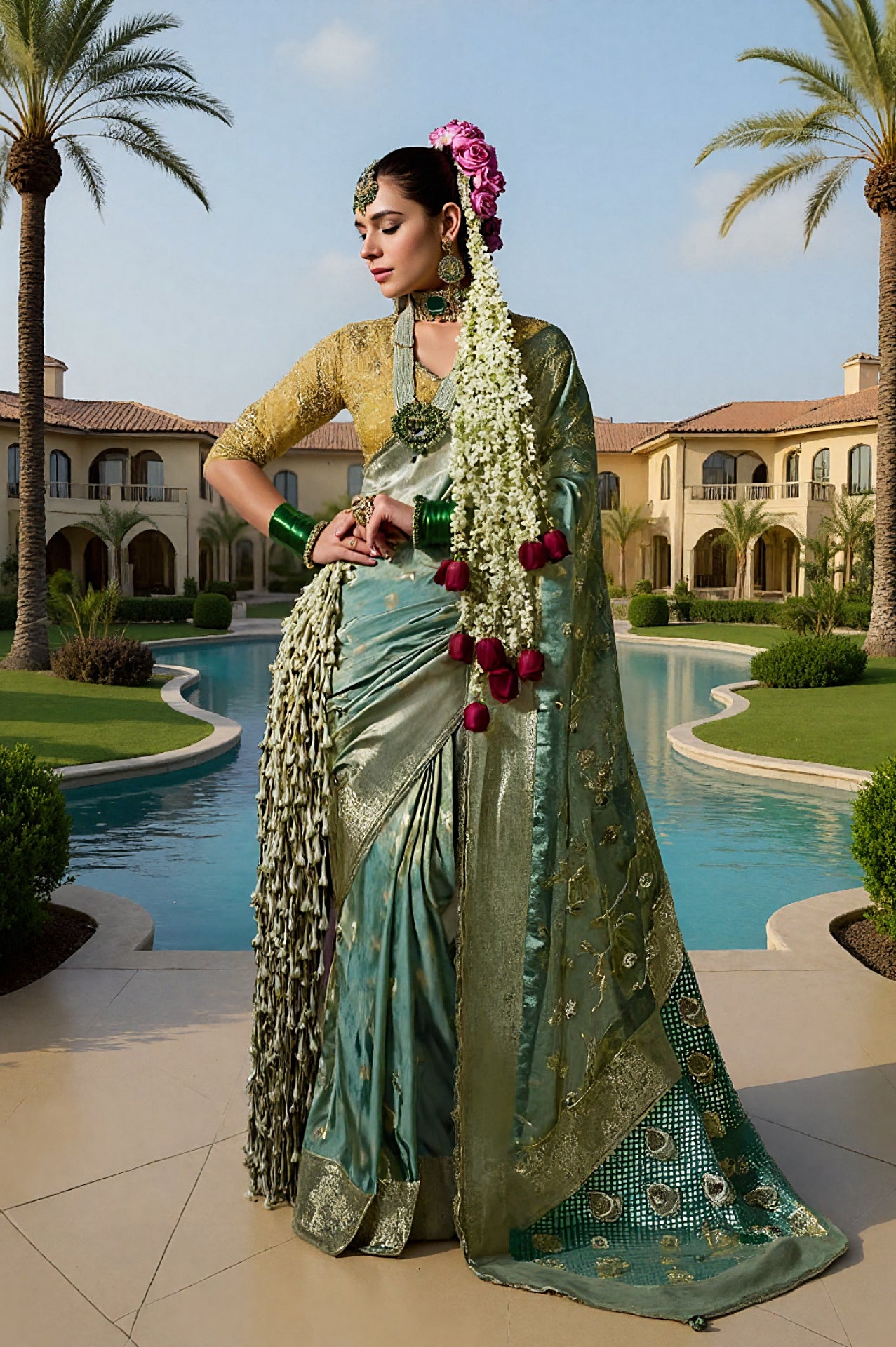 Sea Blue Embroidered Viscose Saree (Front)