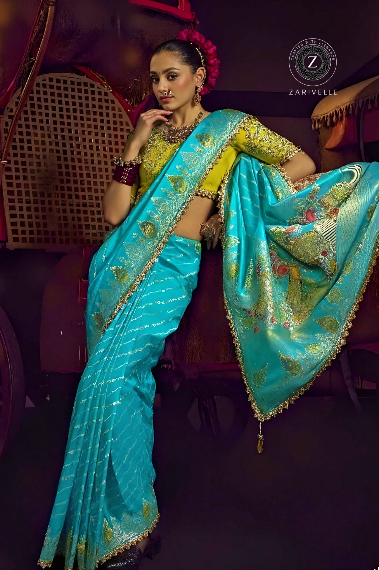Sky Blue Heavy Embroidered Viscose Saree (Front)