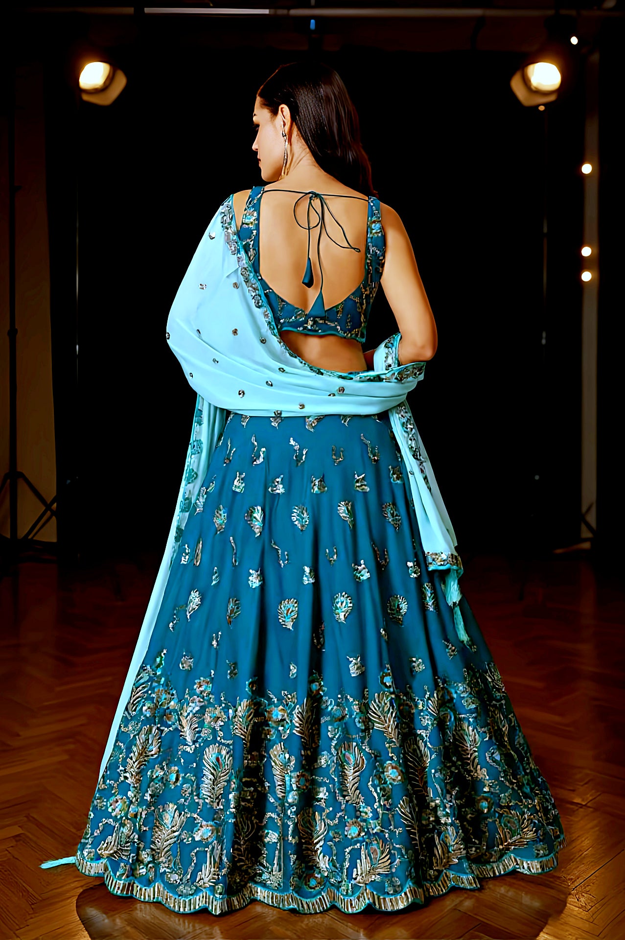 Teal Green Embroidered Georgette Lehenga (Back)