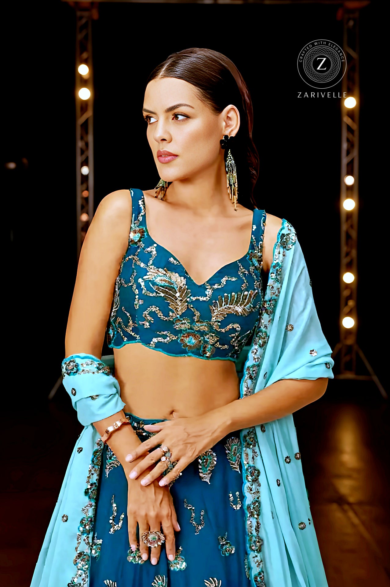 Teal Green Embroidered Georgette Lehenga (Close up)
