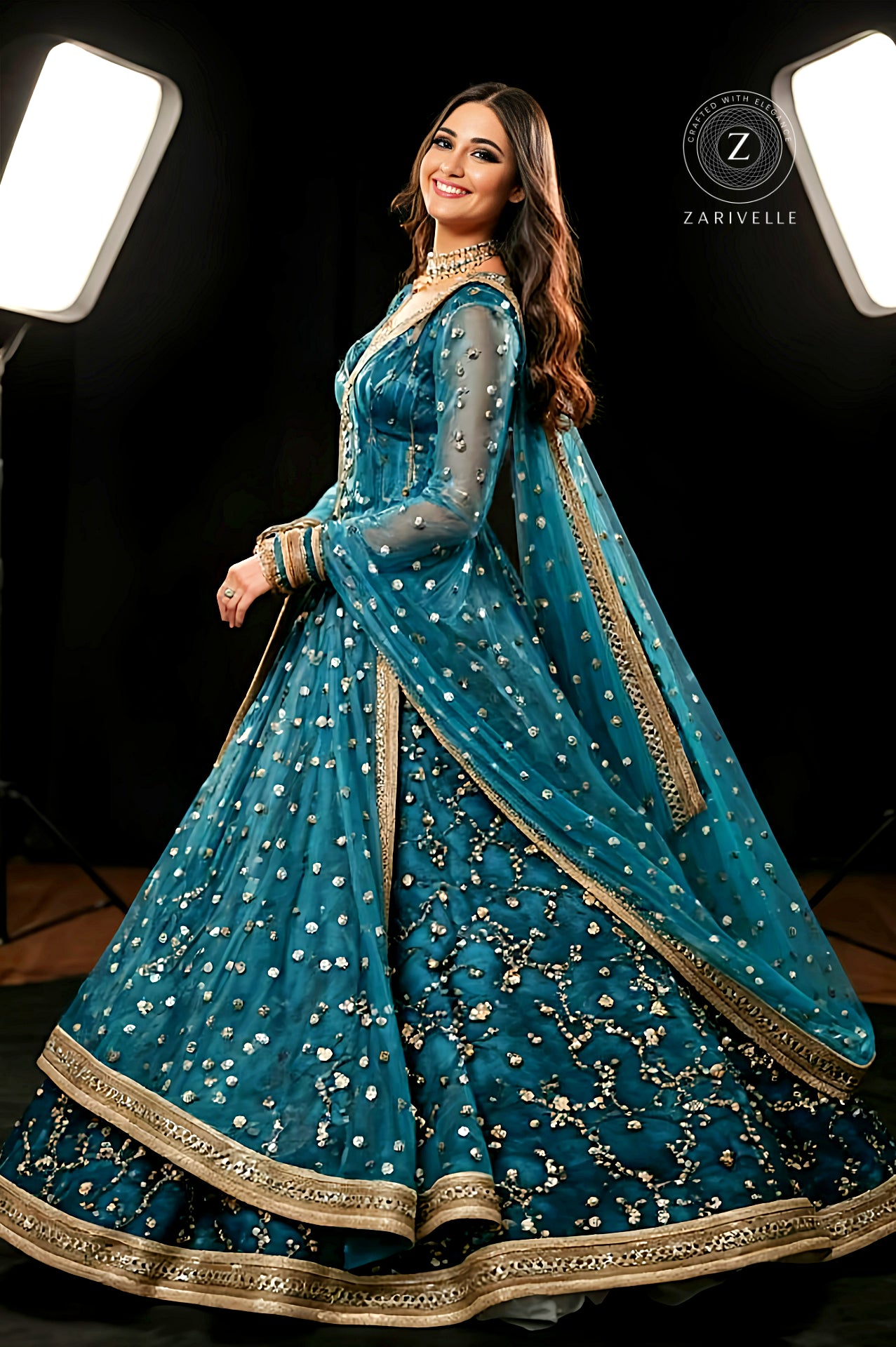 Teal Green Embroidered Velvet Lehenga (Side)