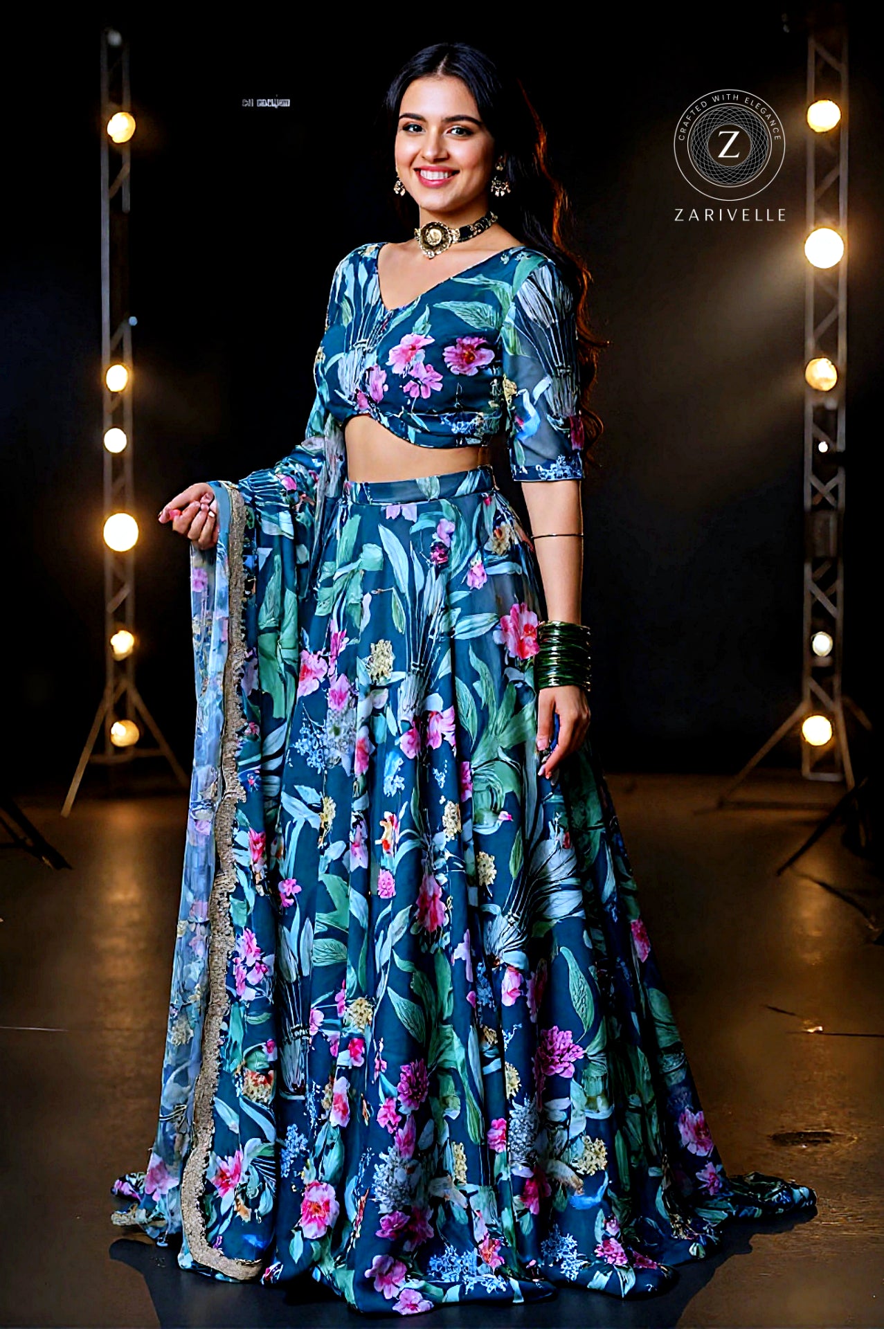 Teal Green Multicolor Printed Georgette Lehenga (Front)