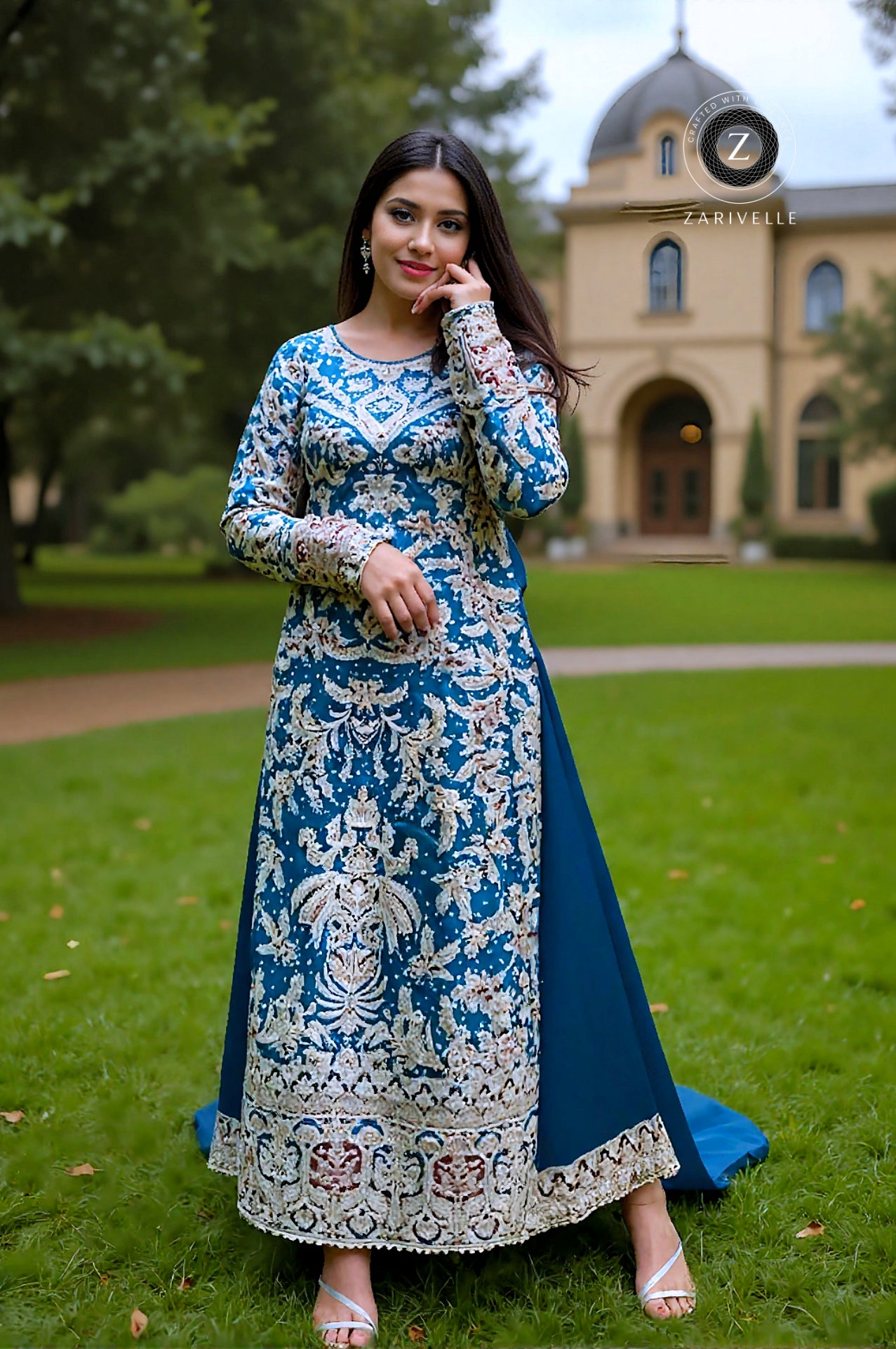 Teal Heavy Embroidered Georgette Palazzo Suit (Front)