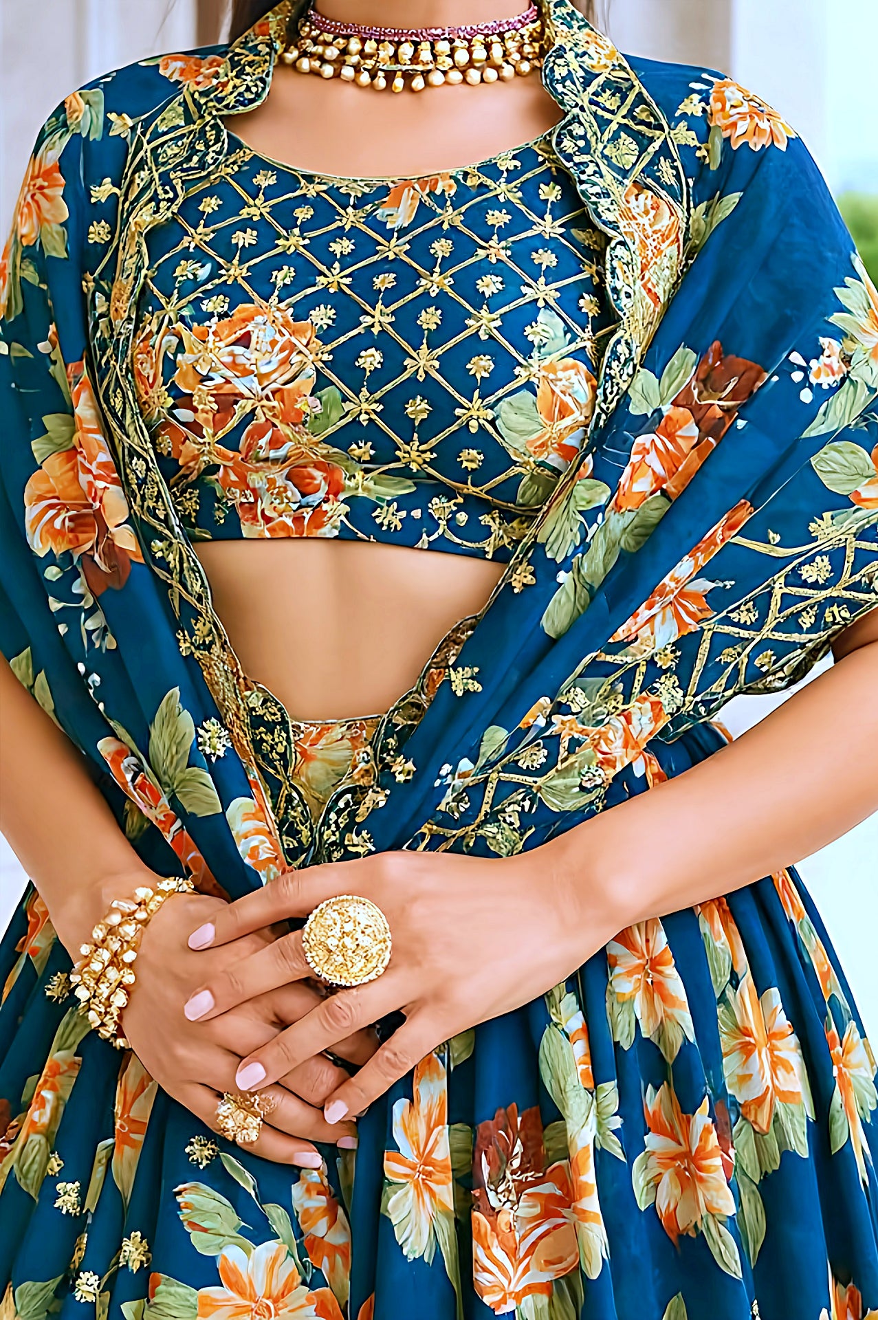 Teal Multicolor Embroidered Georgette Lehenga (Close up)