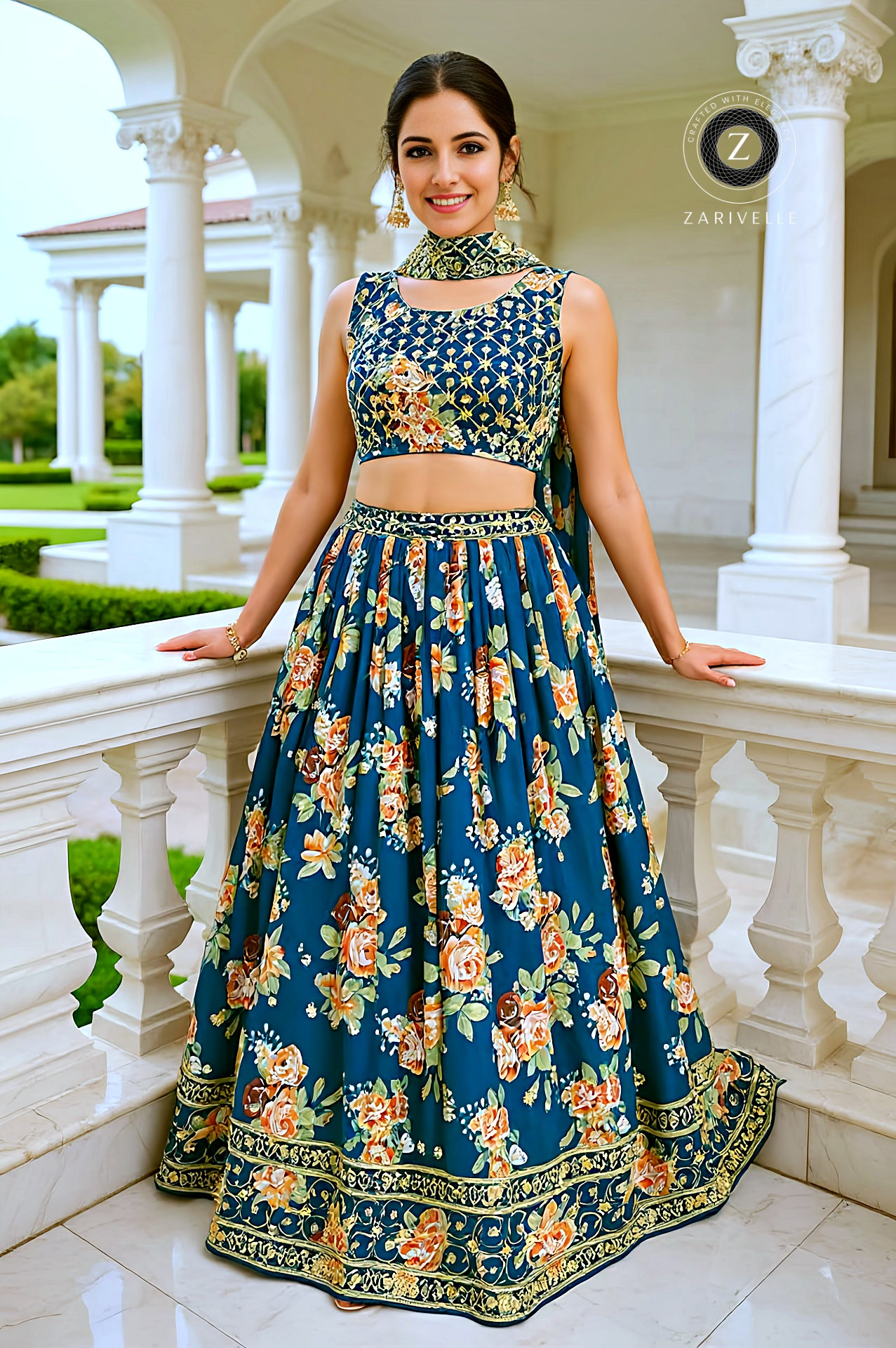 Teal Multicolor Embroidered Georgette Lehenga (Front)