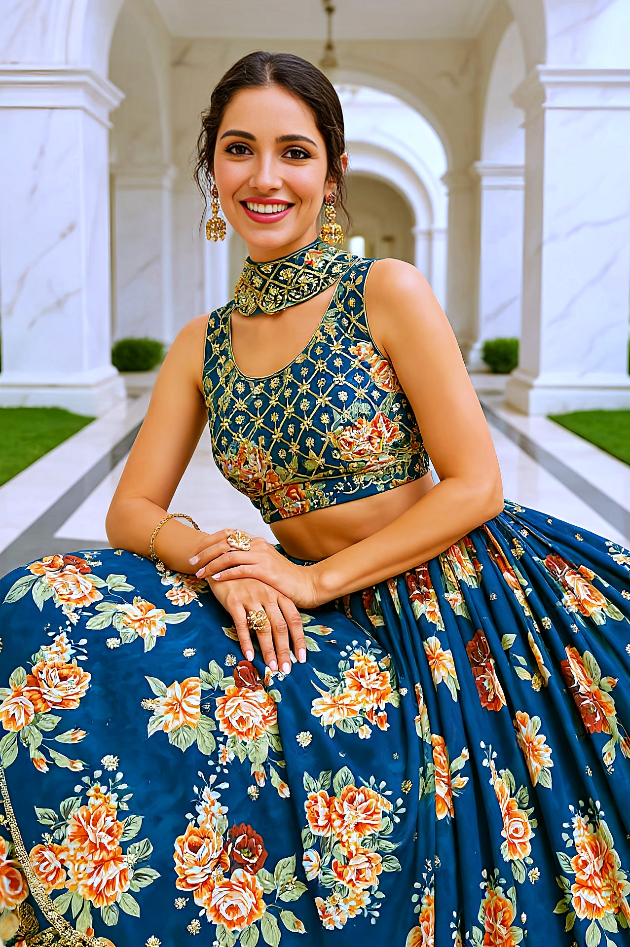 Teal Multicolor Embroidered Georgette Lehenga (Sit)