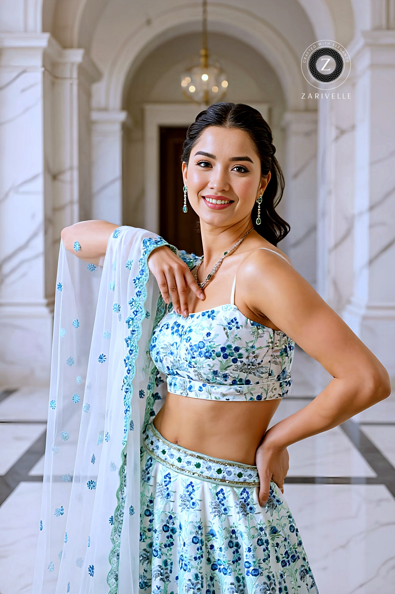 White And Blue Embroidered Georgette Lehenga (Close up)
