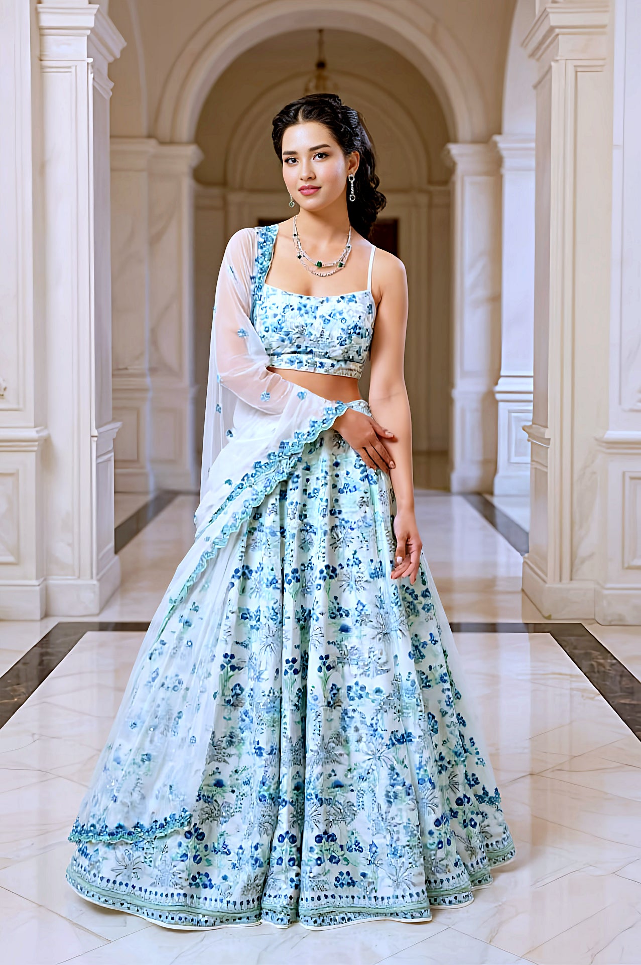 White And Blue Embroidered Georgette Lehenga (Front)