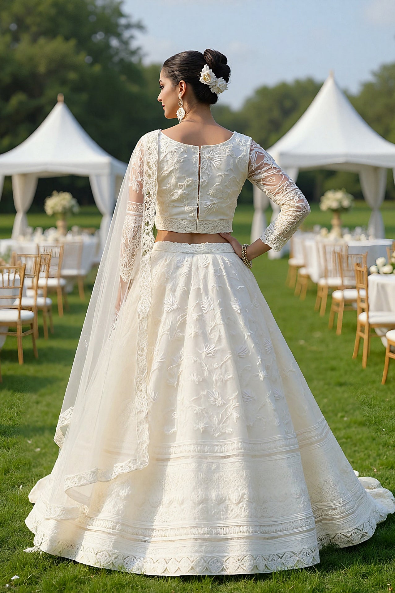 White Embroidered Net Lehenga (Back)