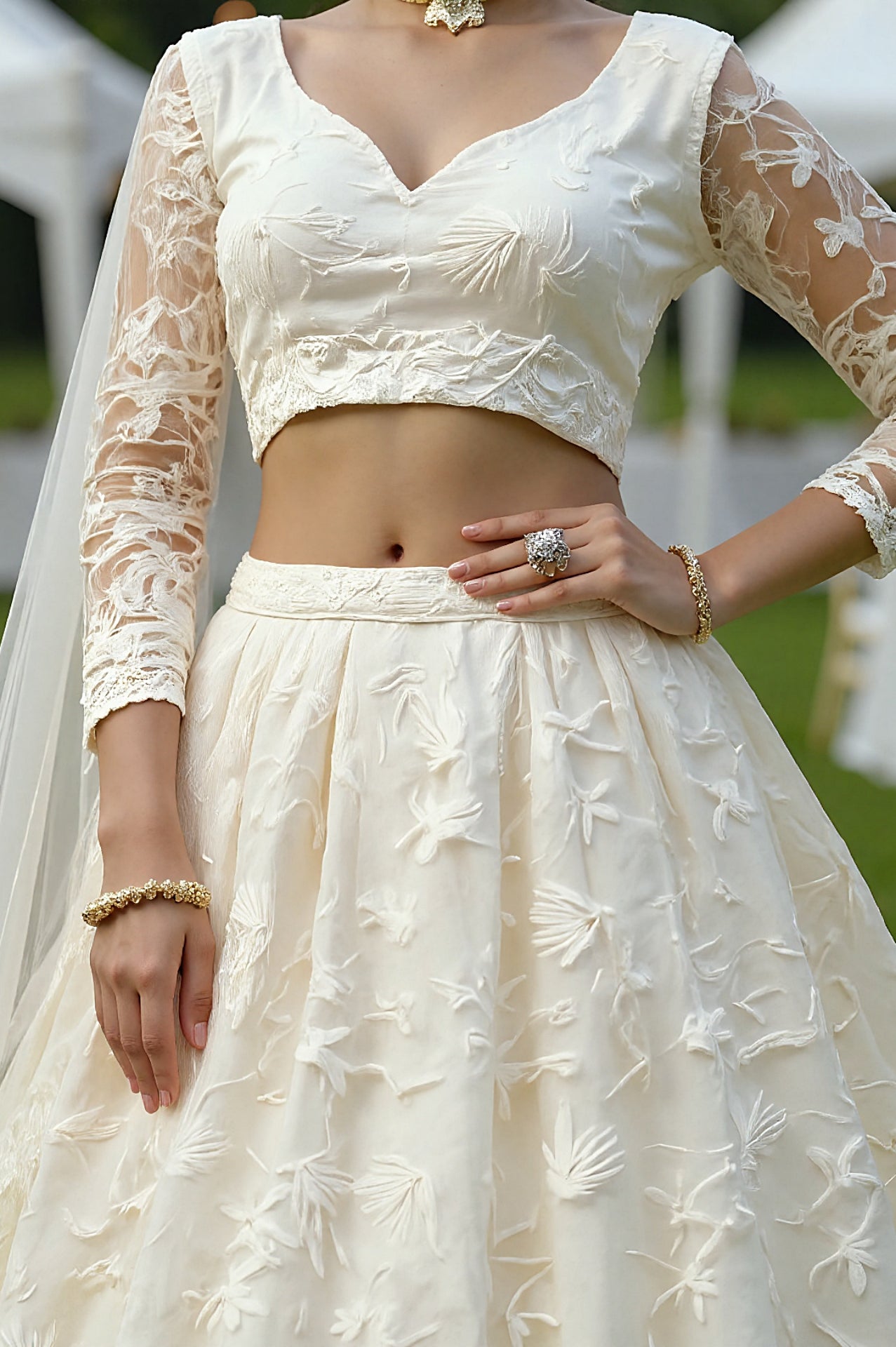 White Embroidered Net Lehenga (Close up)