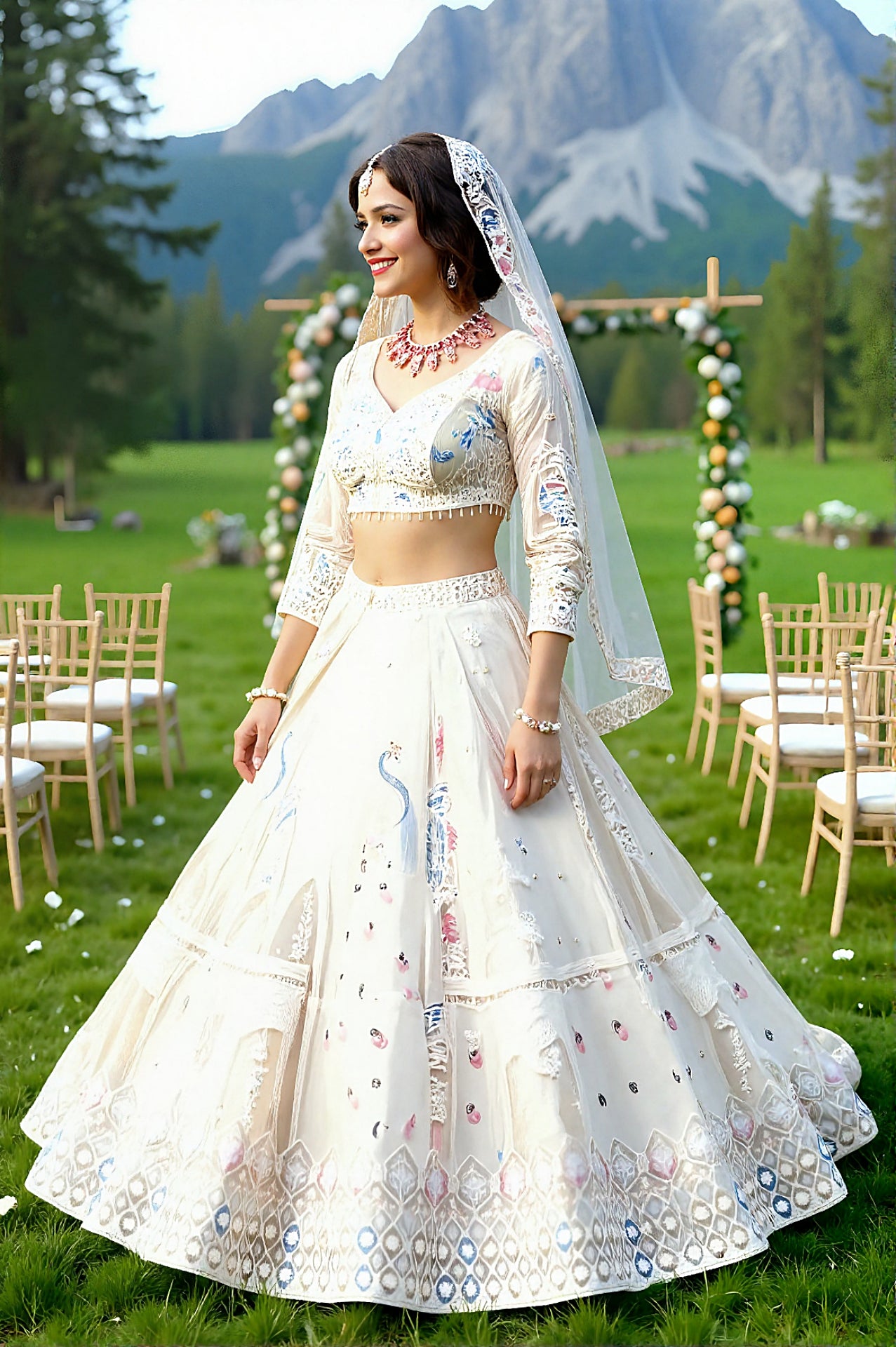 White Embroidered Premium Net Lehenga (Side)