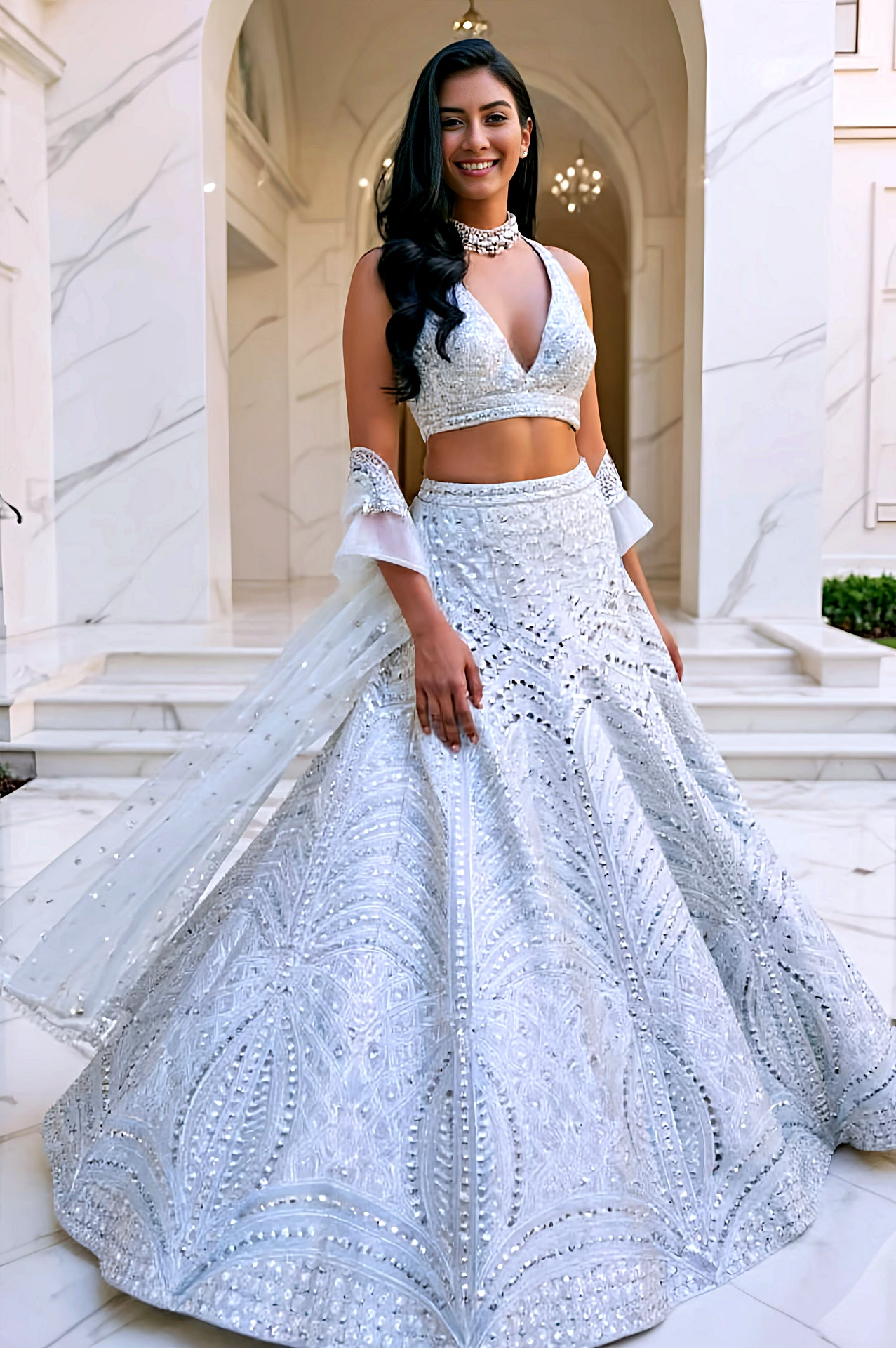 White Embroidered Premium Silk Lehenga (Back)