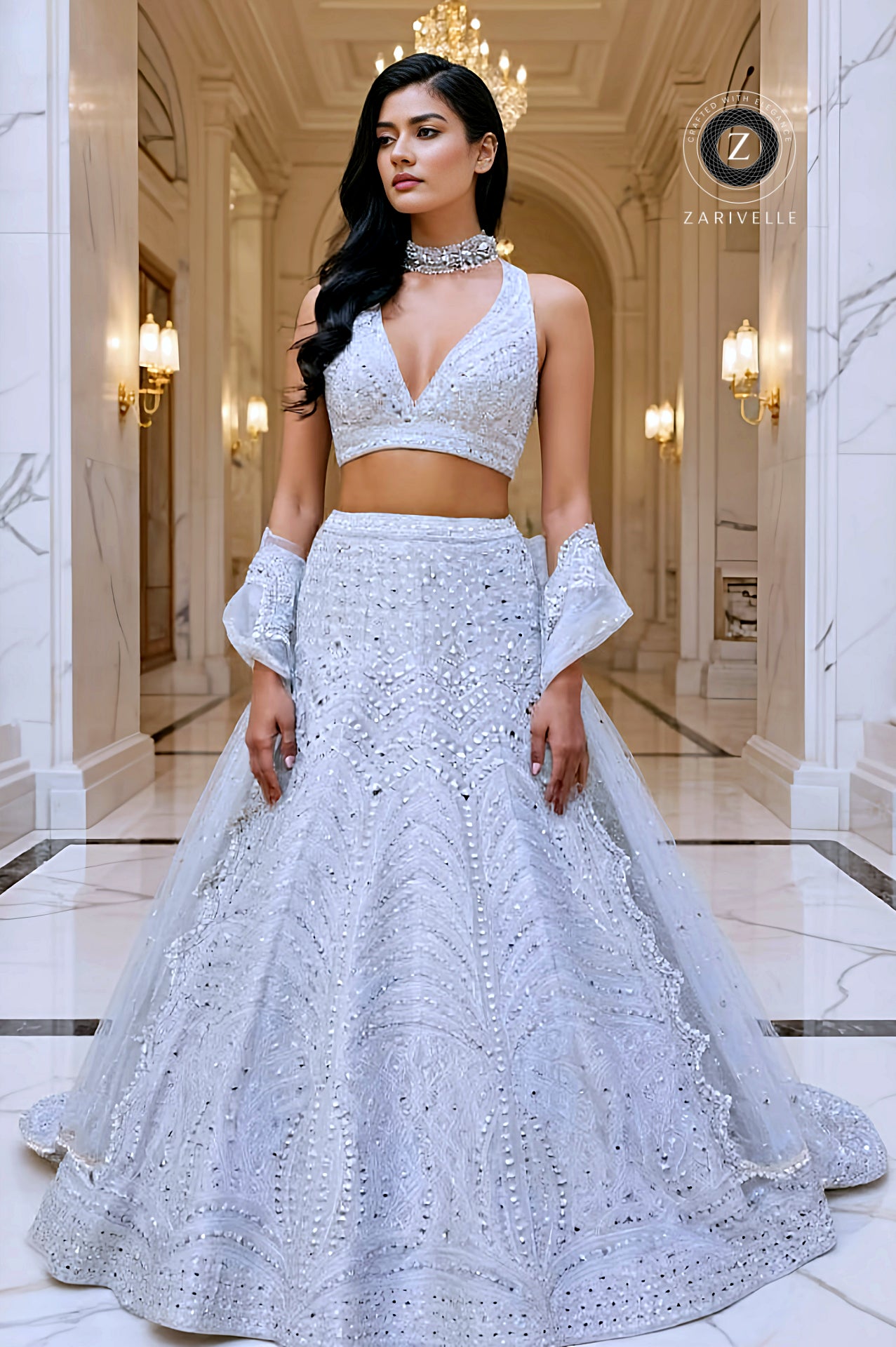 White Embroidered Premium Silk Lehenga (Side)