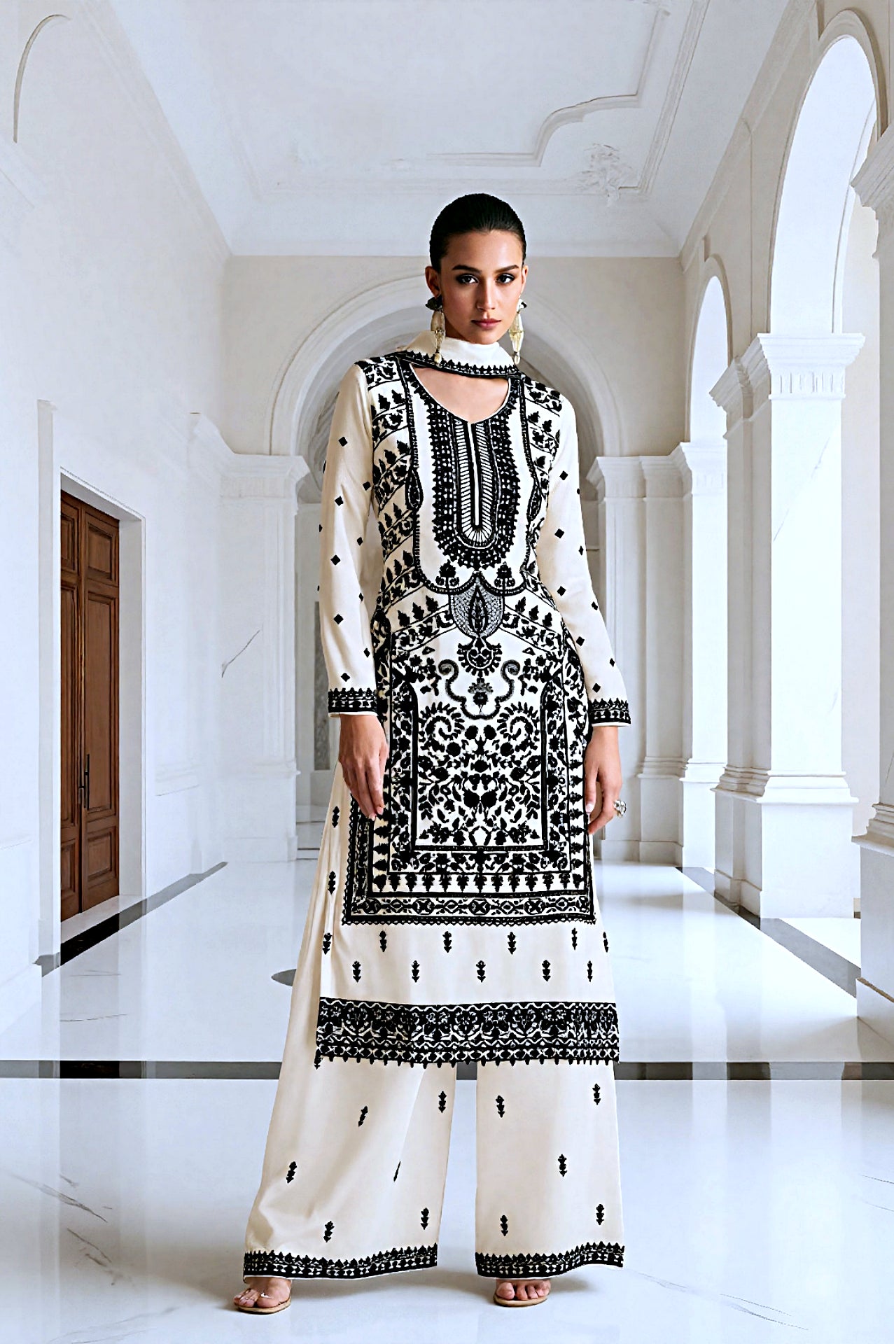 White Embroidered Silk Palazzo Suit (Side)