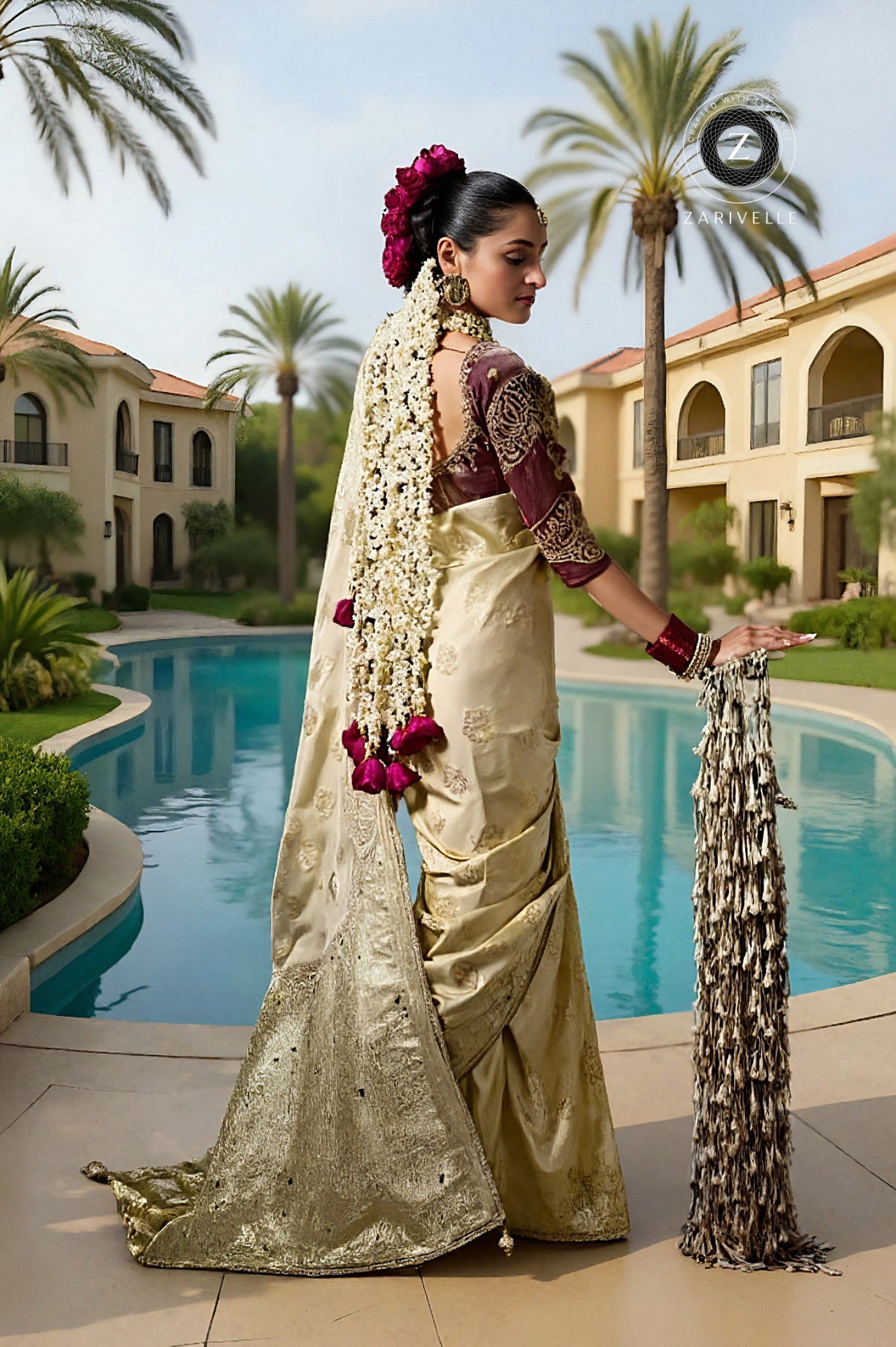 White Embroidered Viscose Saree (Back)