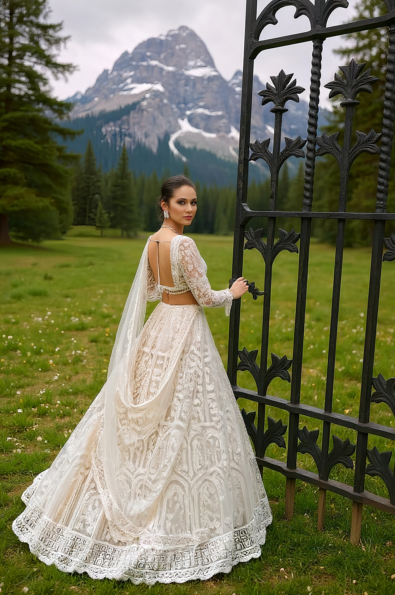 White Heavy Embroidered Net Lehenga (Back)
