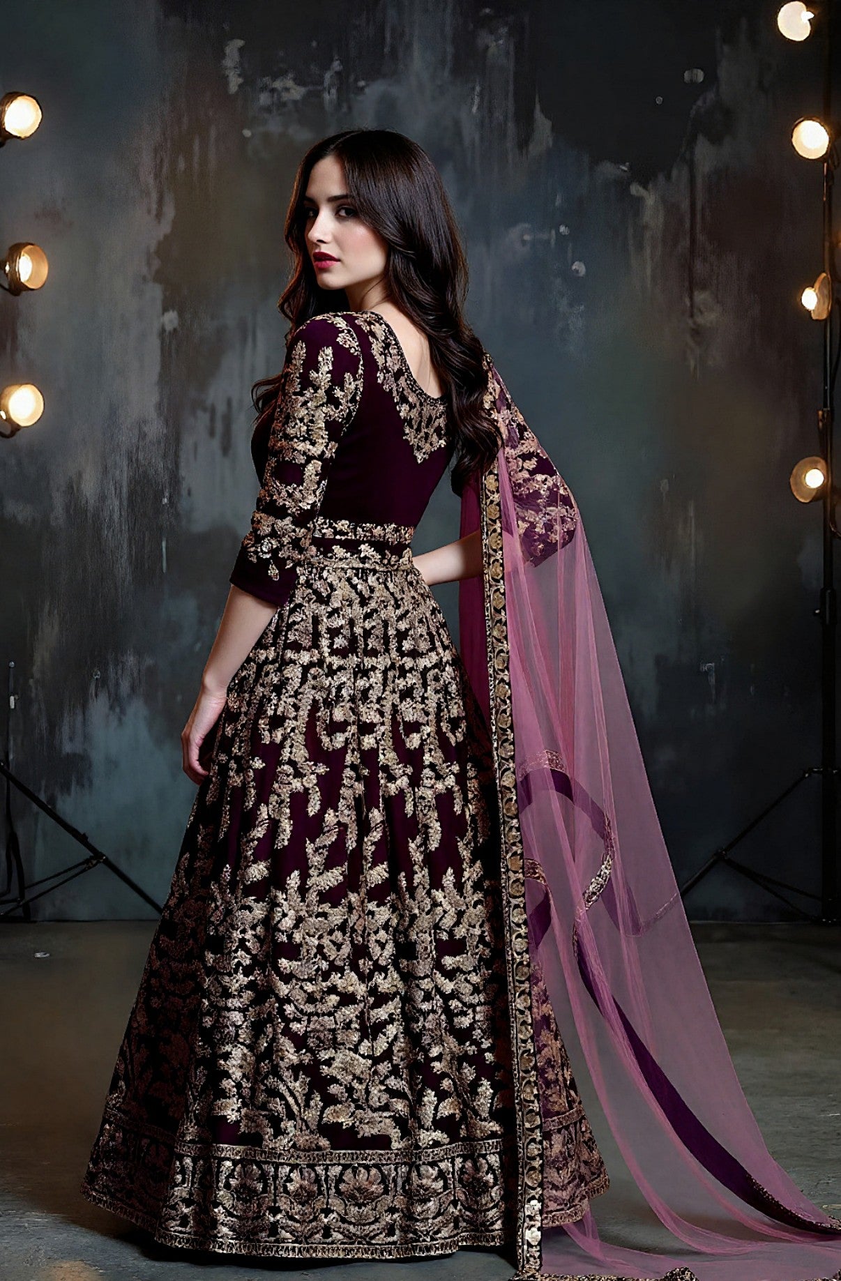 Wine Heavy Embroidered Velvet Lehenga (Back)