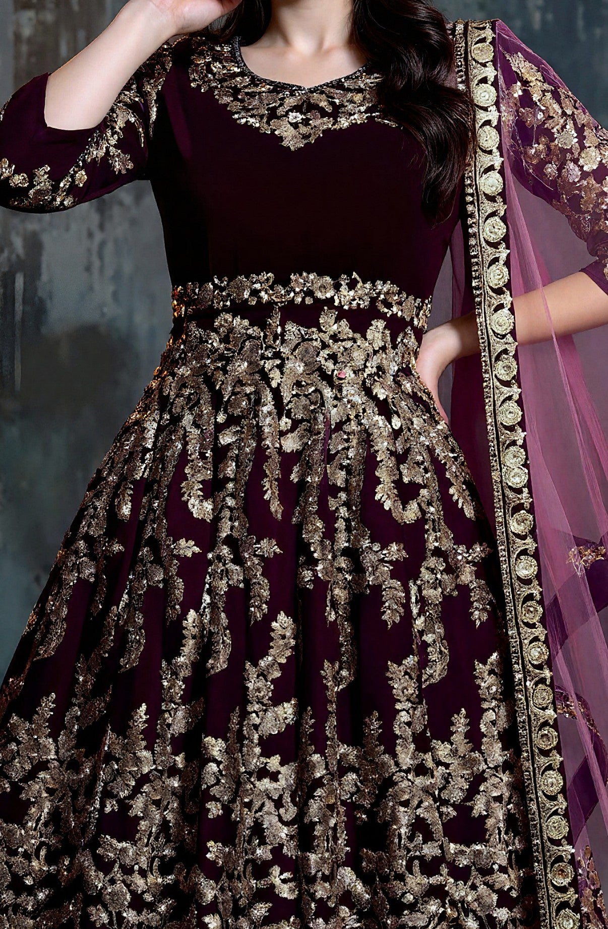 Wine Heavy Embroidered Velvet Lehenga (Close up)
