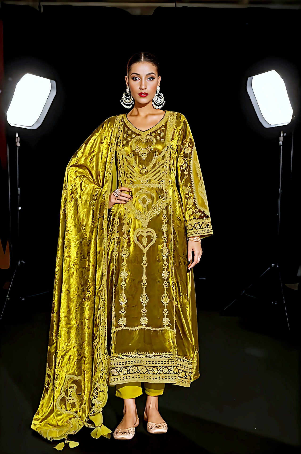 Yellow Embroidered Designer Velvet Suit (Front)